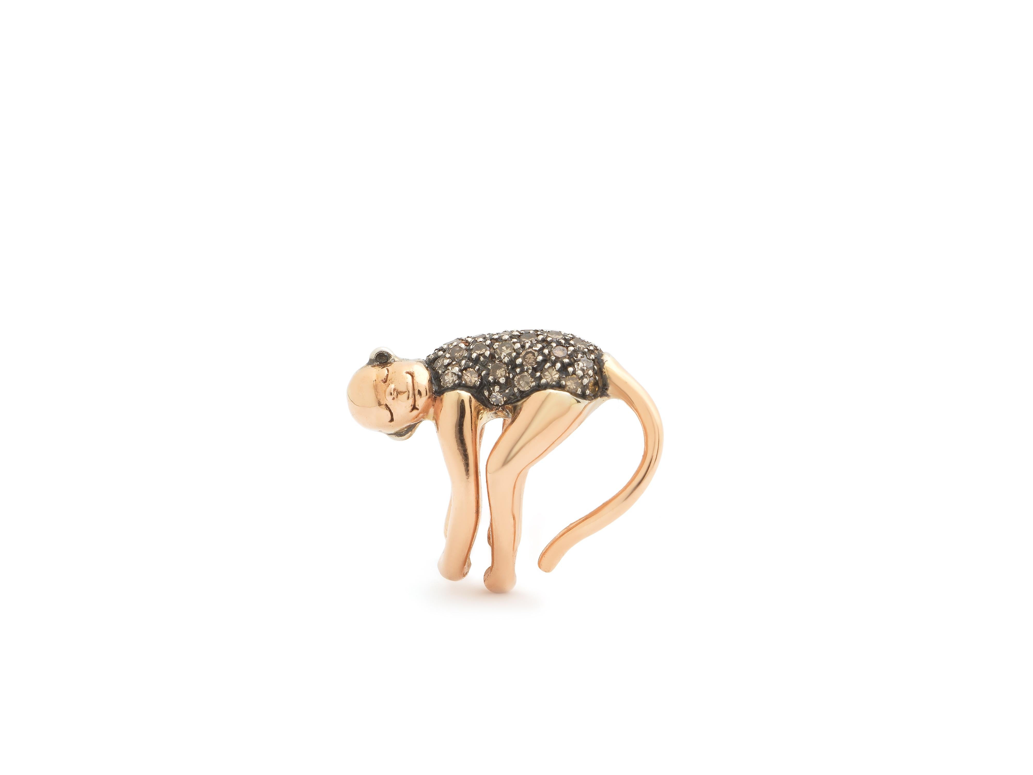 Mimicking a baby monkey’s embrace, the Monkey Ear Hugger grasps onto the rim of the ear. Designed in 18k rose gold and sterling silver, the monkey is embellished with brown diamonds.

Bibi’s Monkey Collection captures the sleek movement and form of