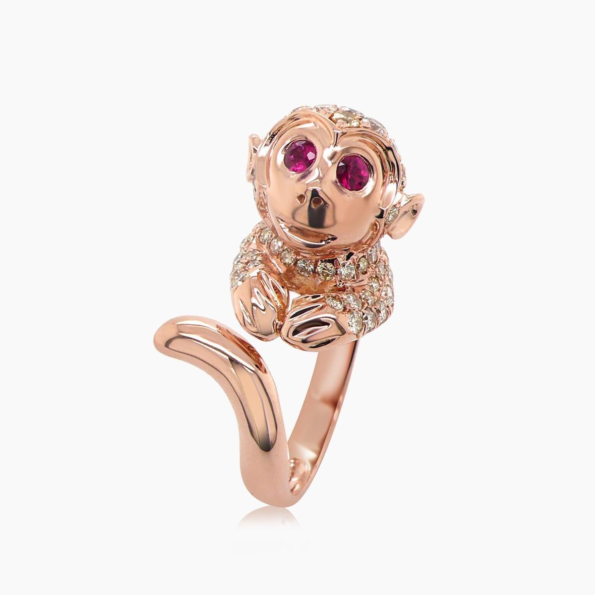 Taglio misto Anello Monkey Fancy con diamante e rubino in oro rosa 18K in vendita