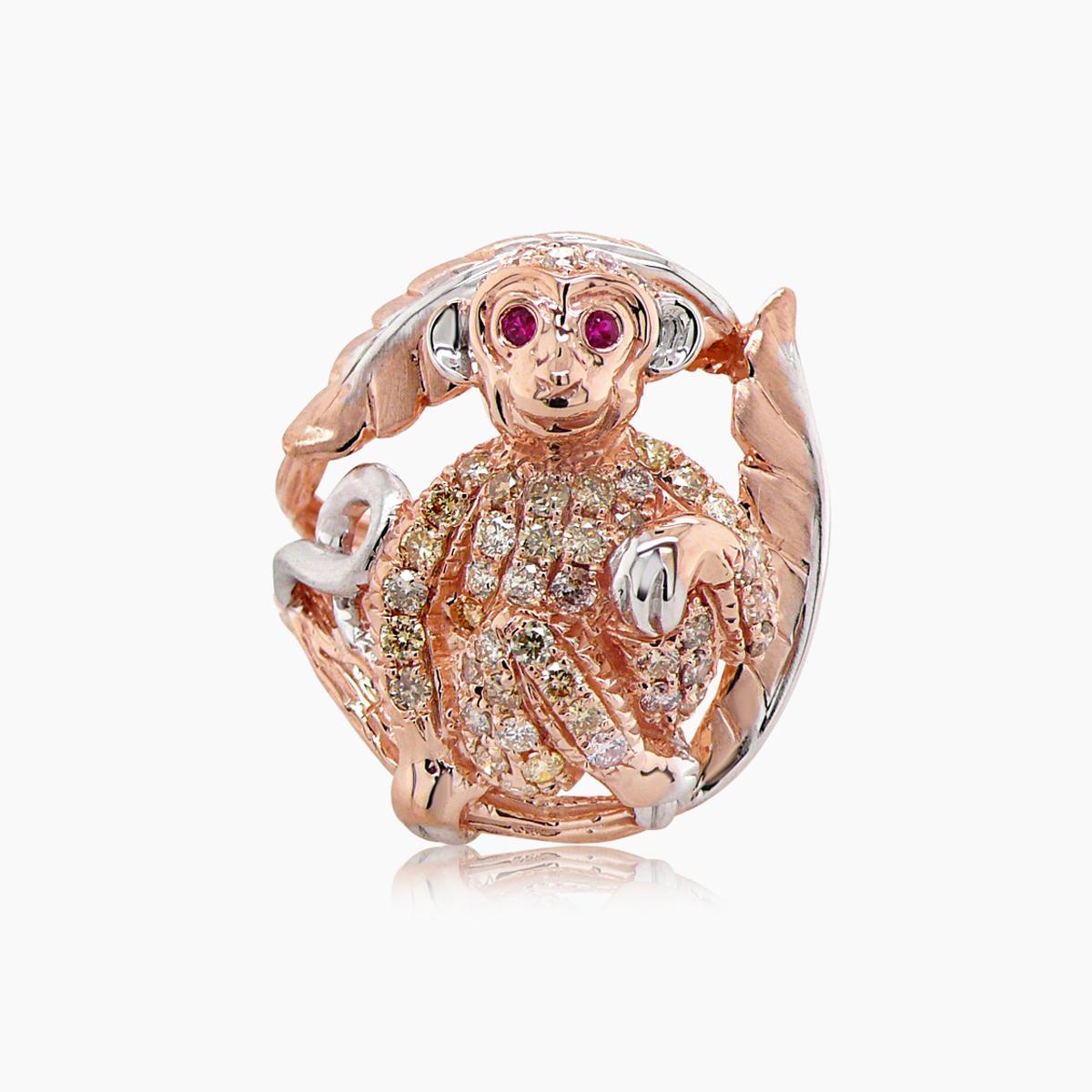 Taglio misto Anello Monkey Fancy con diamante e rubino in oro rosa 18K in vendita