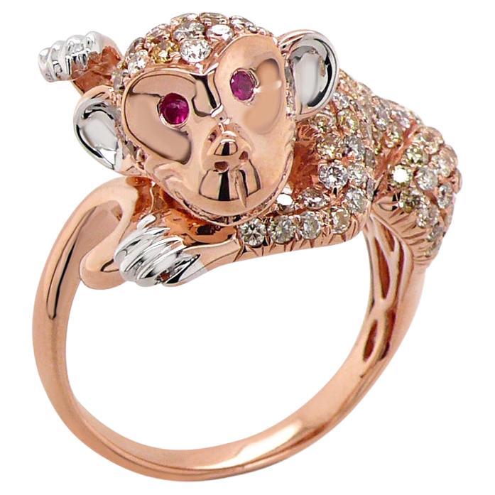 Monkey Fancy Diamond Ruby 18K Rose Gold Ring