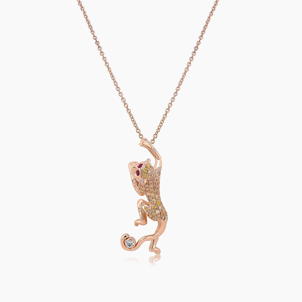 Mixed Cut Monkey Fancy Diamond Ruby & White Diamond 18K Rose Gold Pendant Necklace For Sale