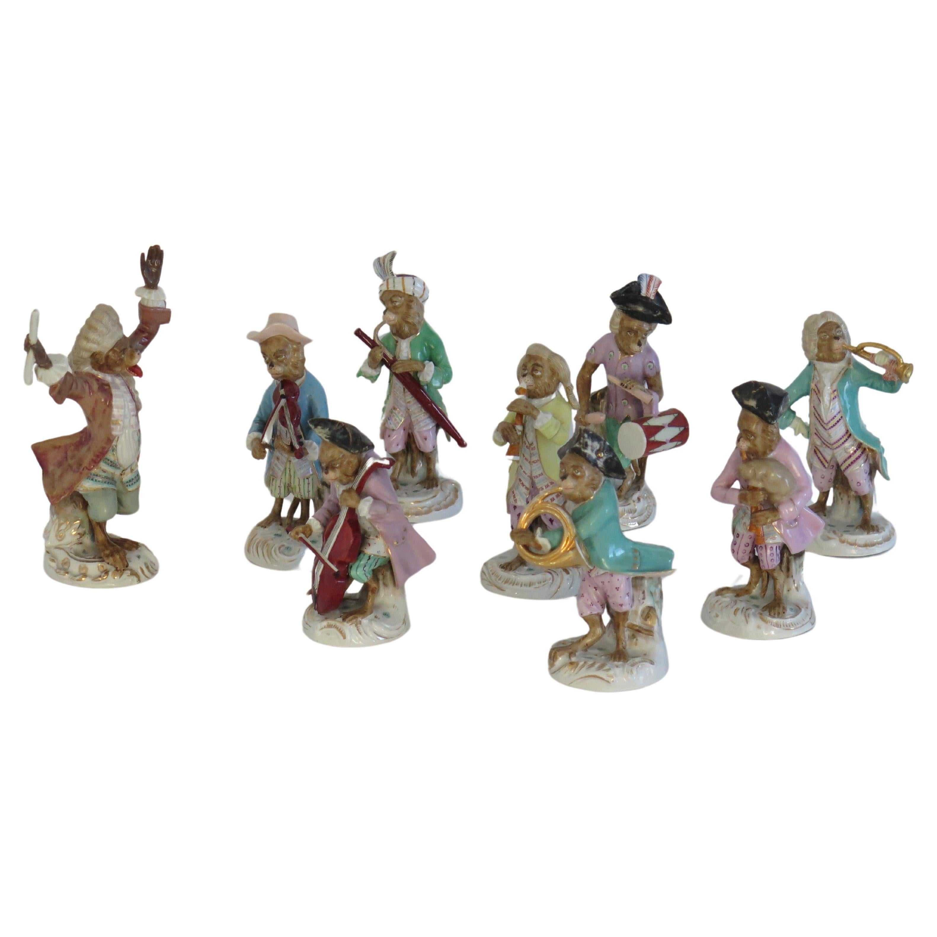 These are a beautiful set of NINE porcelain Monkey Figures or Figurines all playing in a Band  made by Sitzendorf, Germany, circa 1910.

The figures are finely modelled in very good detail. They depict eight different monkey figures plus a band