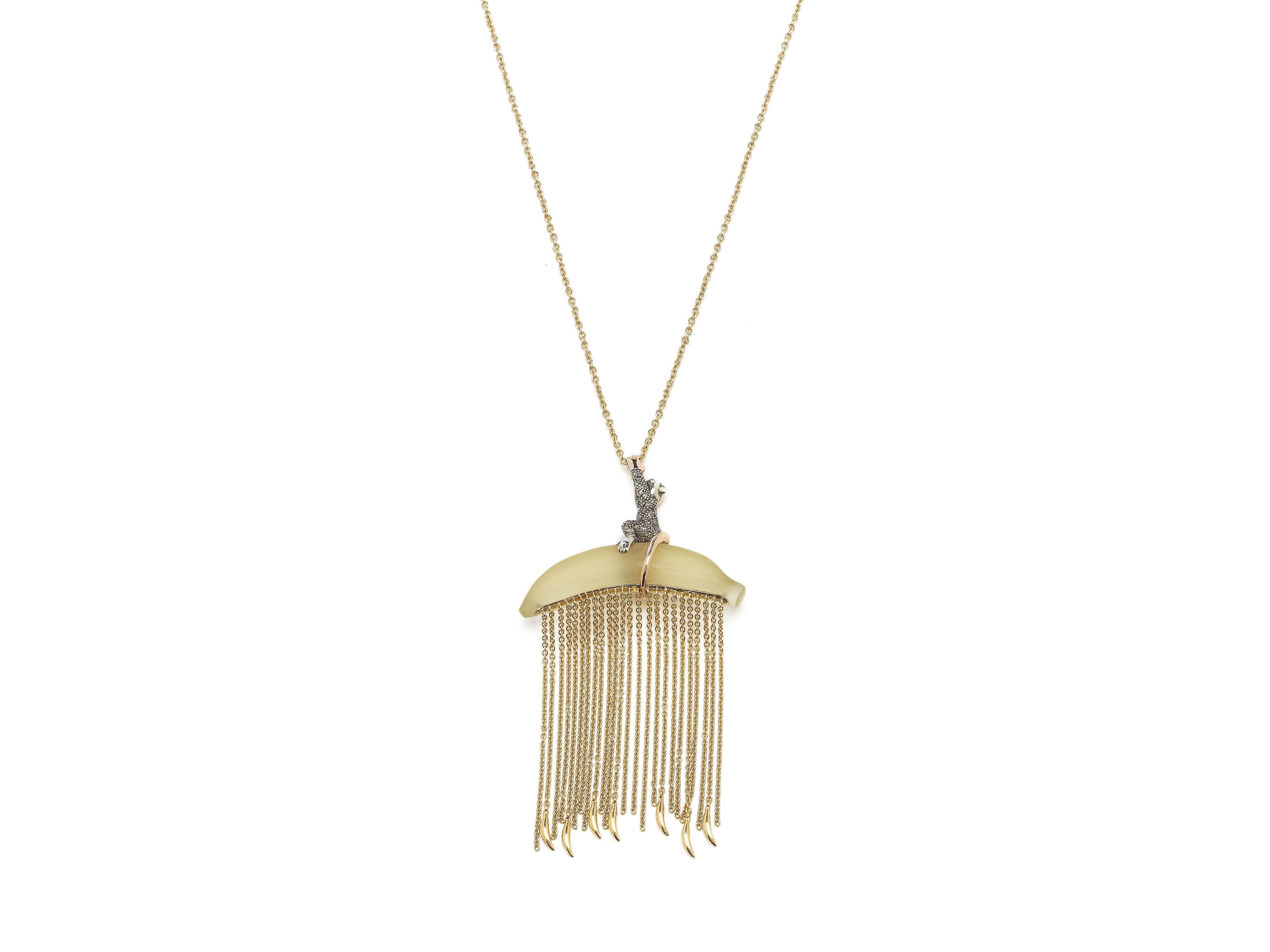 Contemporary Monkey on 18k Rose and Yellow Gold Lemon Quartz Banana Diamond Chain Necklace For Sale