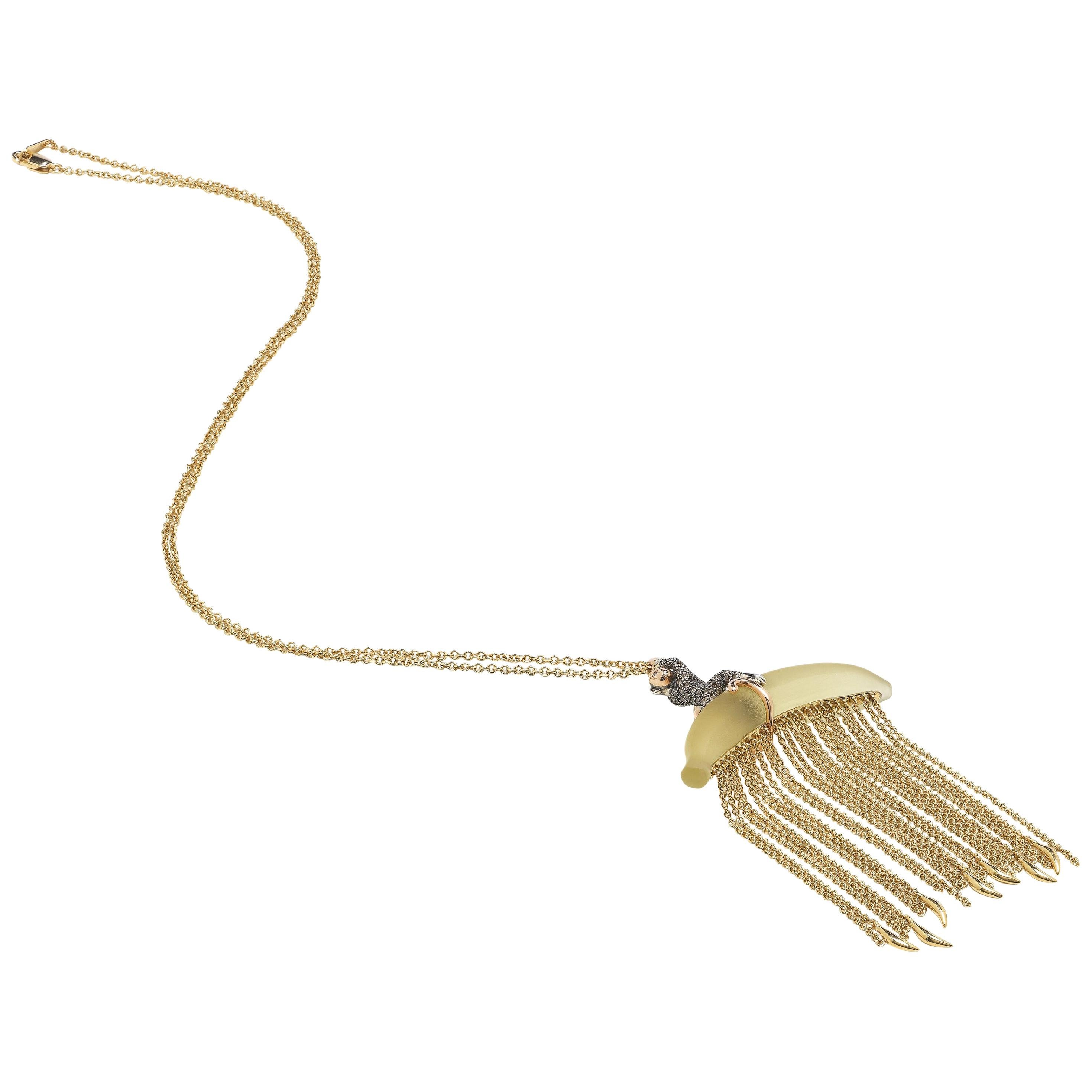 Monkey on 18k Rose and Yellow Gold Lemon Quartz Banana Diamond Chain Necklace For Sale