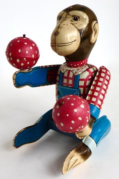 "Monkey Playing Maracas" Vintage Tin Wind-Up Toy Marked "Haji" Japan C.1950's