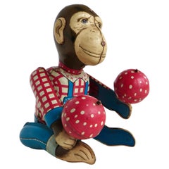 "Monkey Playing Maracas" Vintage Tin Wind-Up Toy Marked "Haji" Japan C.1950's