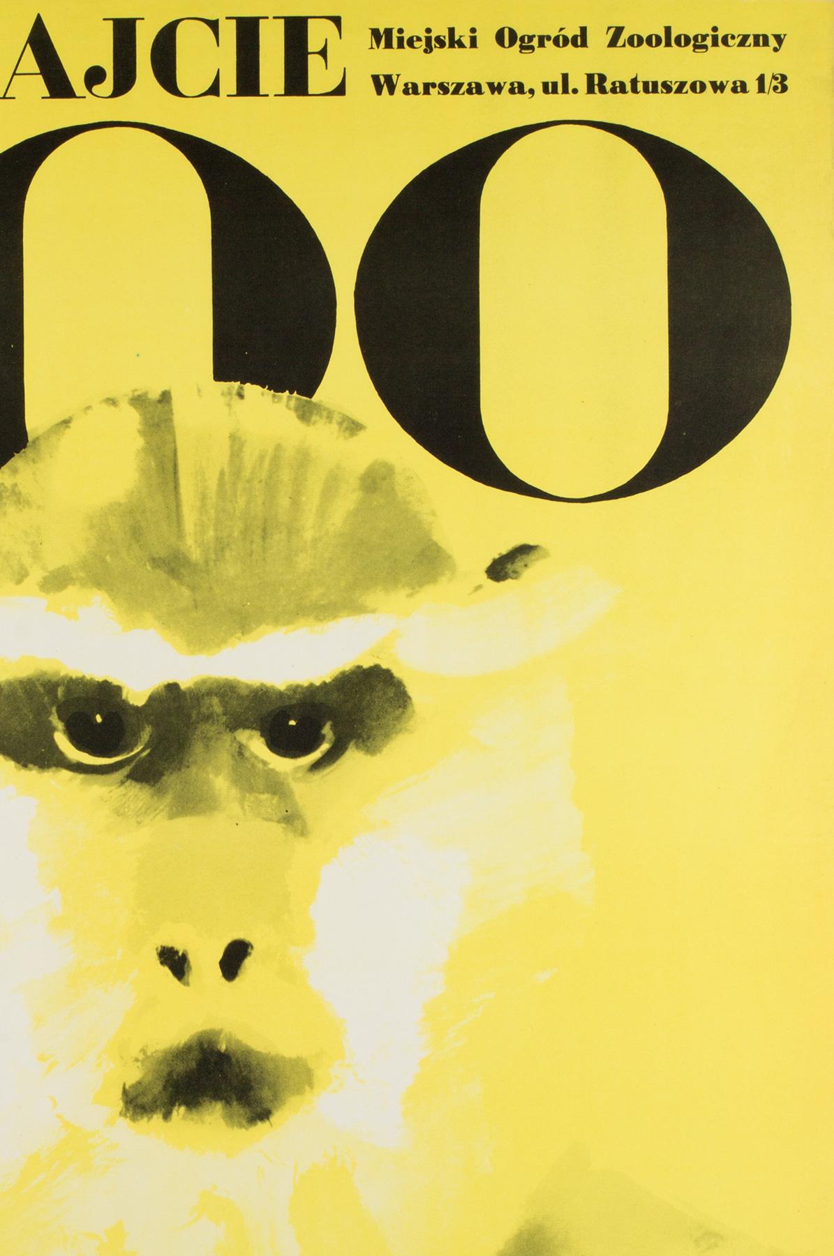 Papier Monkey, Pologne, Zoo, Affiche, 1967, Vintage, Waldemar Swierzy, Jaune en vente
