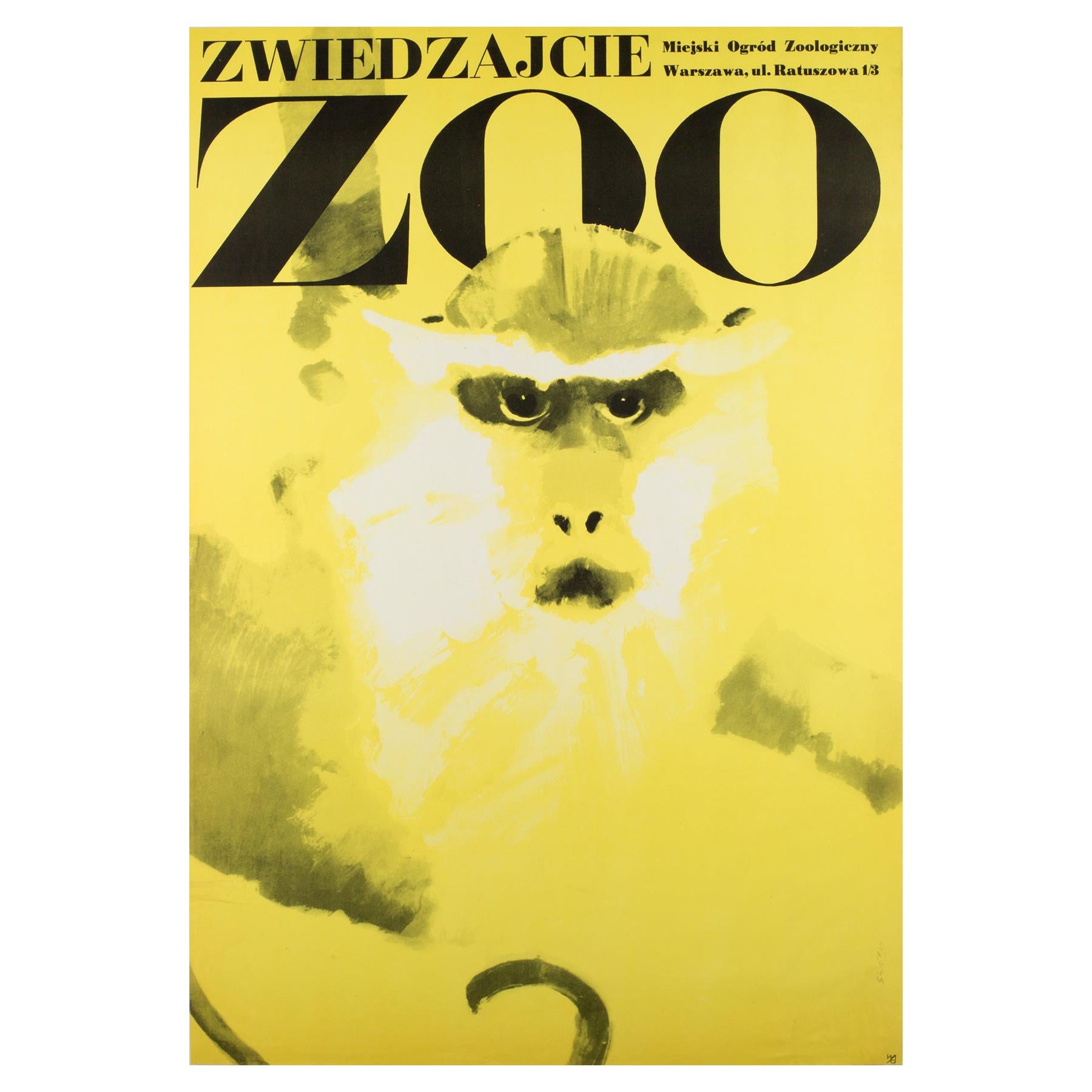 Monkey, Pologne, Zoo, Affiche, 1967, Vintage, Waldemar Swierzy, Jaune en vente