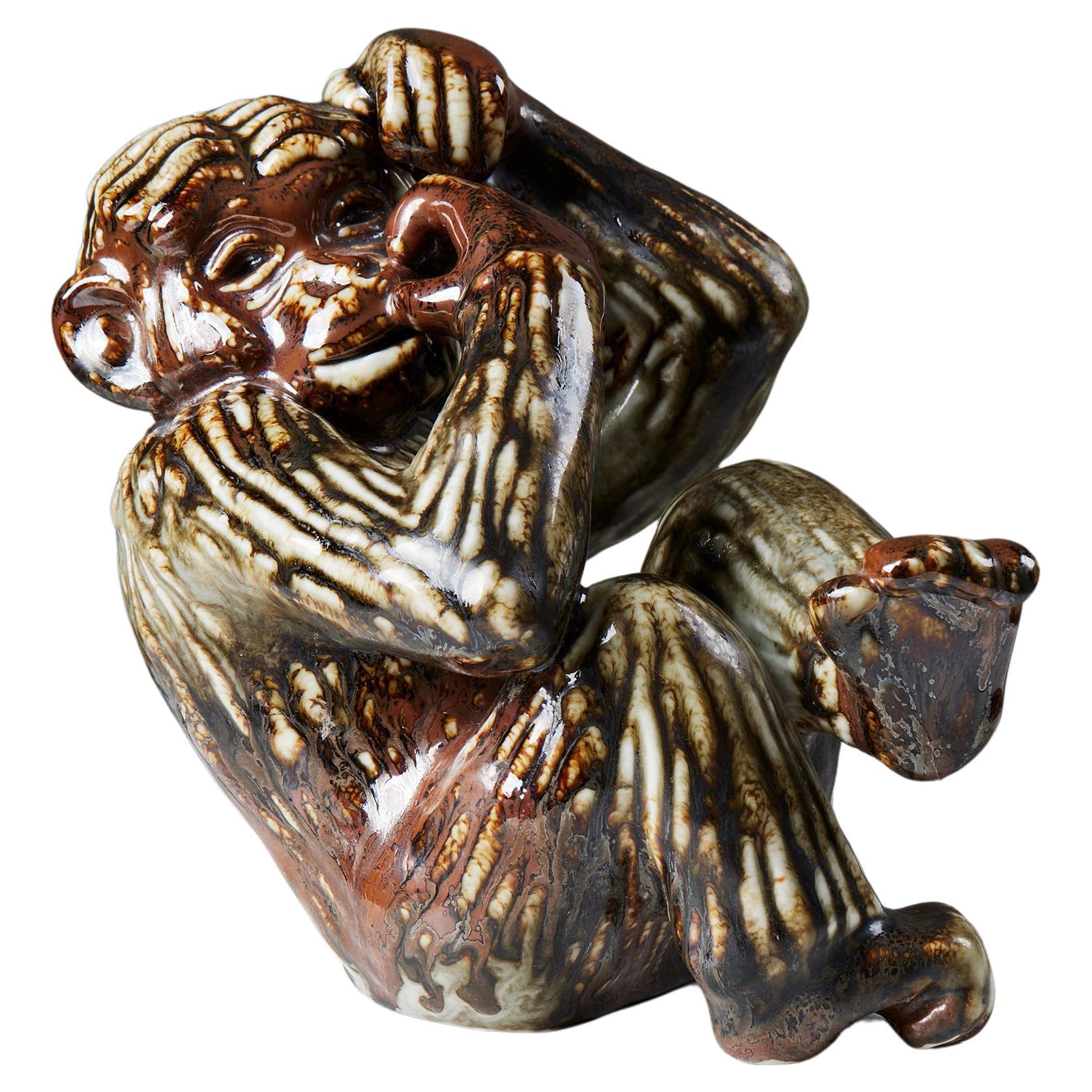 Sculpture de singe par Gunnar Nylund pour Rörstrand, Suède, années 1950, grès émaillé