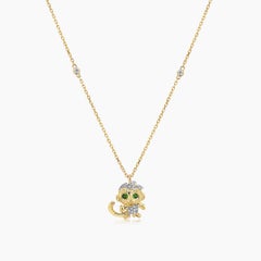 Monkey White Diamond & Green Garnet 18K Yellow Gold Pendant Necklace