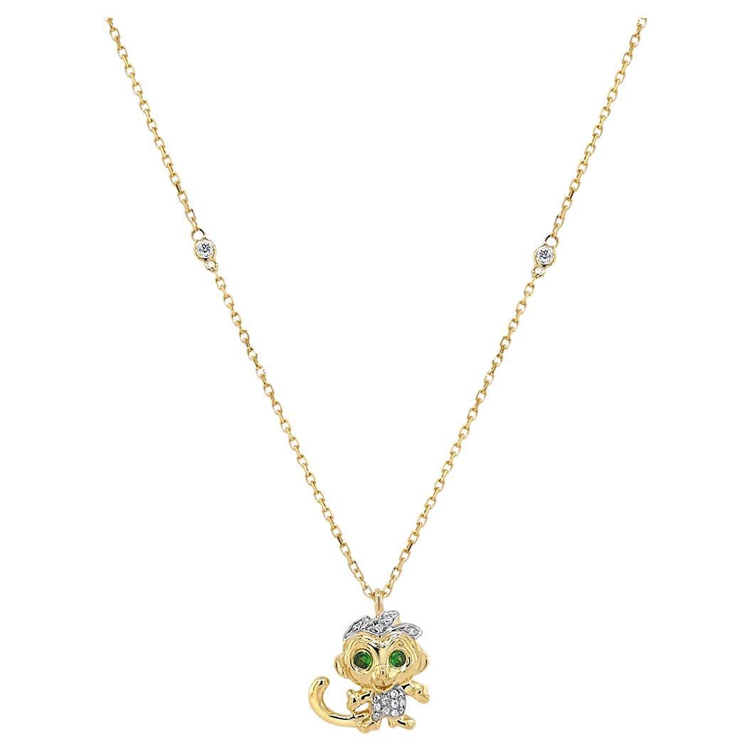 Monkey White Diamond & Green Garnet 18K Yellow Gold Pendant Necklace