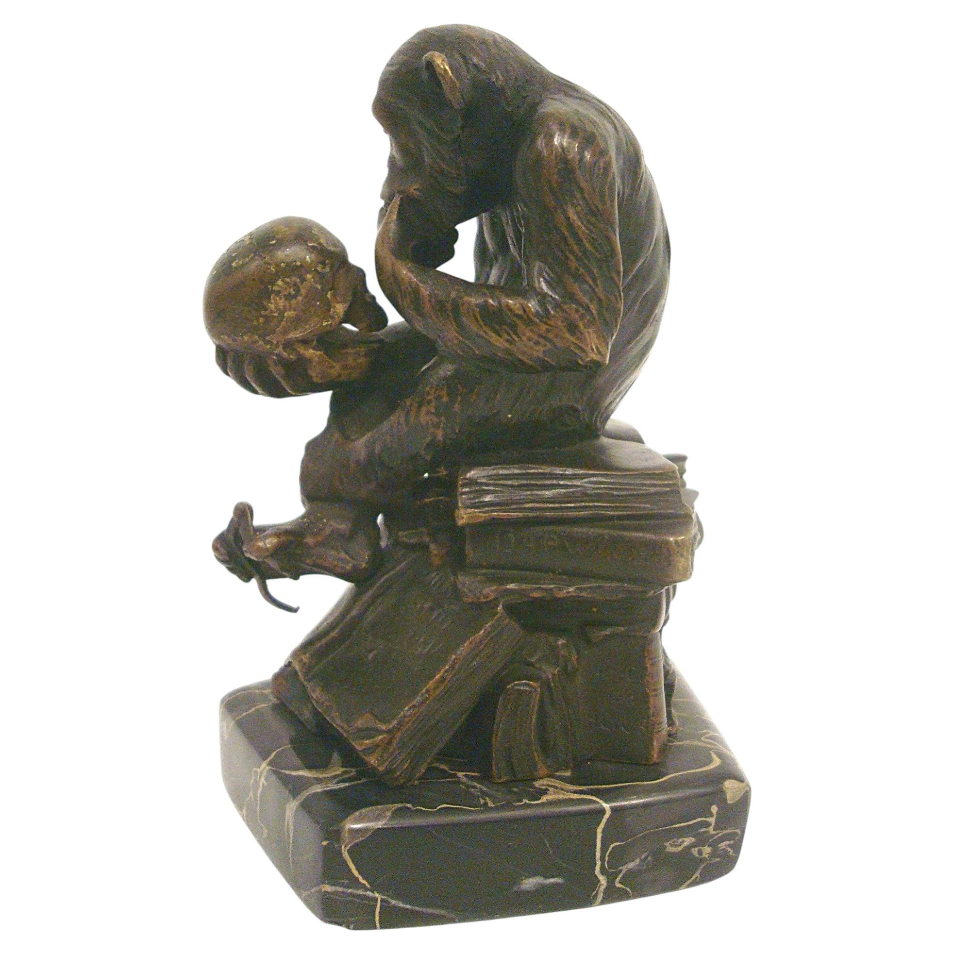 Monkey with Skull, Bronze, Circa 1900, By Sculptor Hugo Wolfgang Reinhold