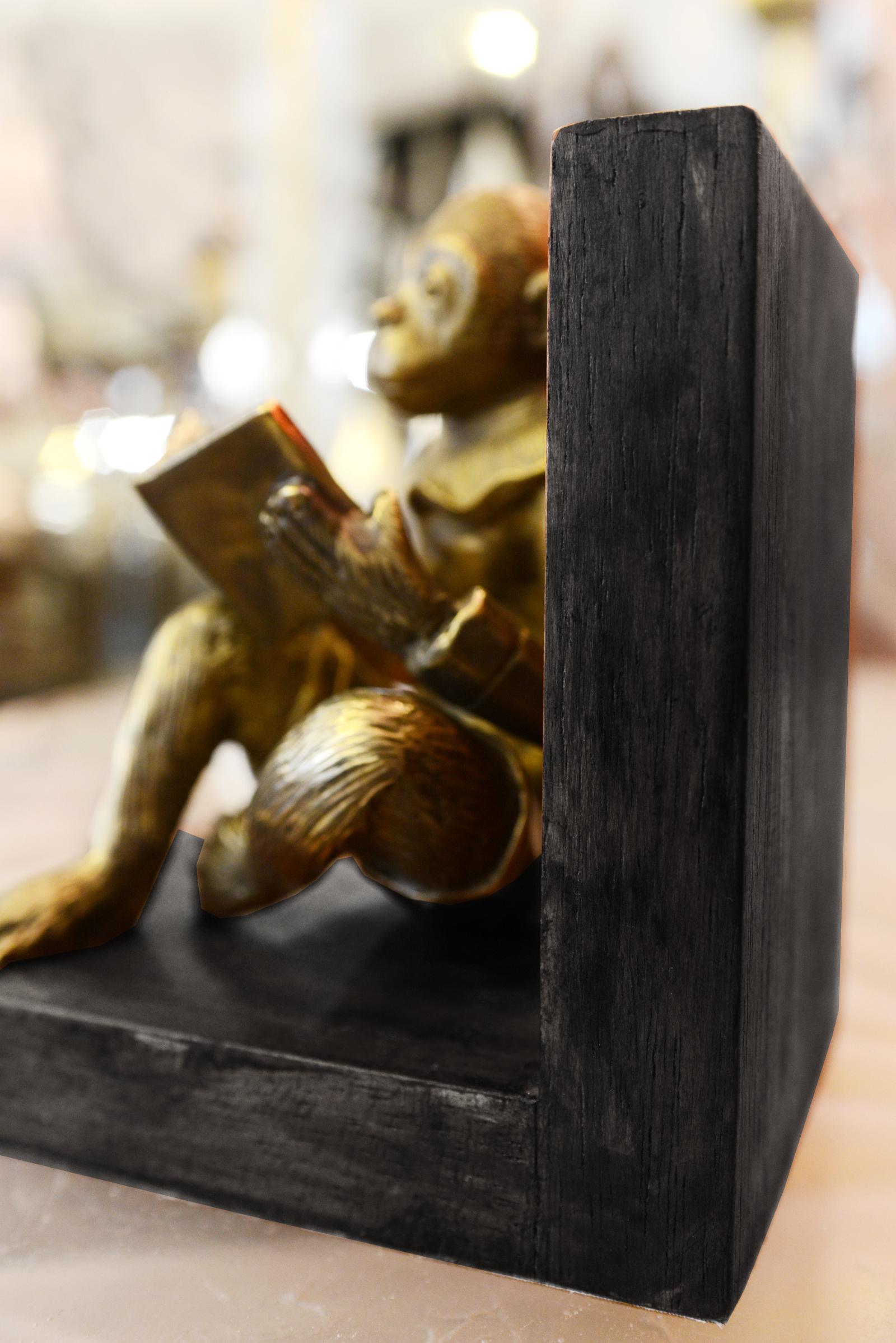 Contemporary Monkeys Readers Bookends Set of Two in Bronze For Sale