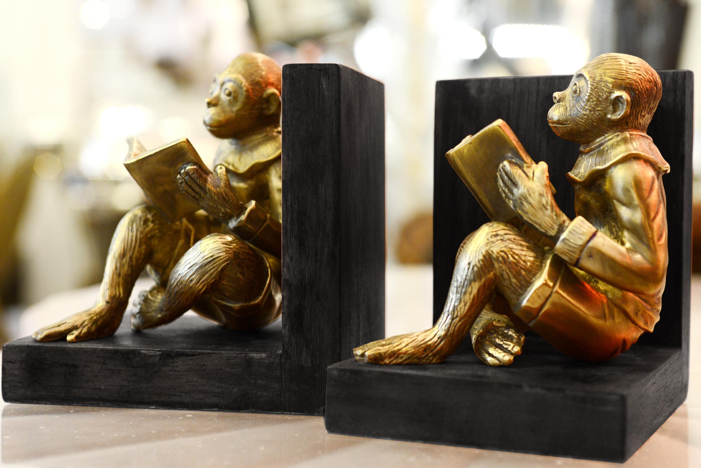 Brass Monkeys Readers Bookends Set of Two in Bronze For Sale