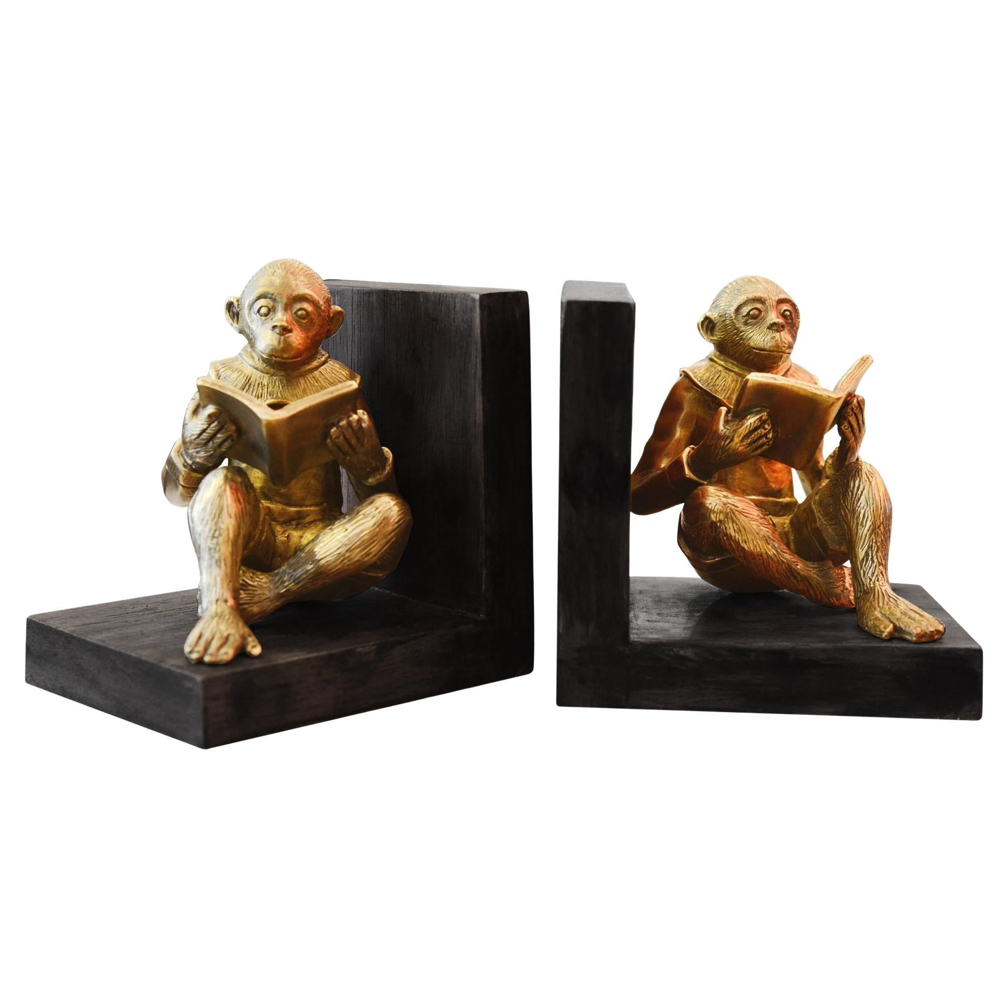 Monkeys Readers Bookends Set of Two in Bronze For Sale