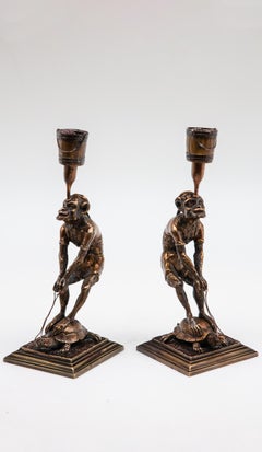 Monkeys Riding Turtles Bronze Candlesticks