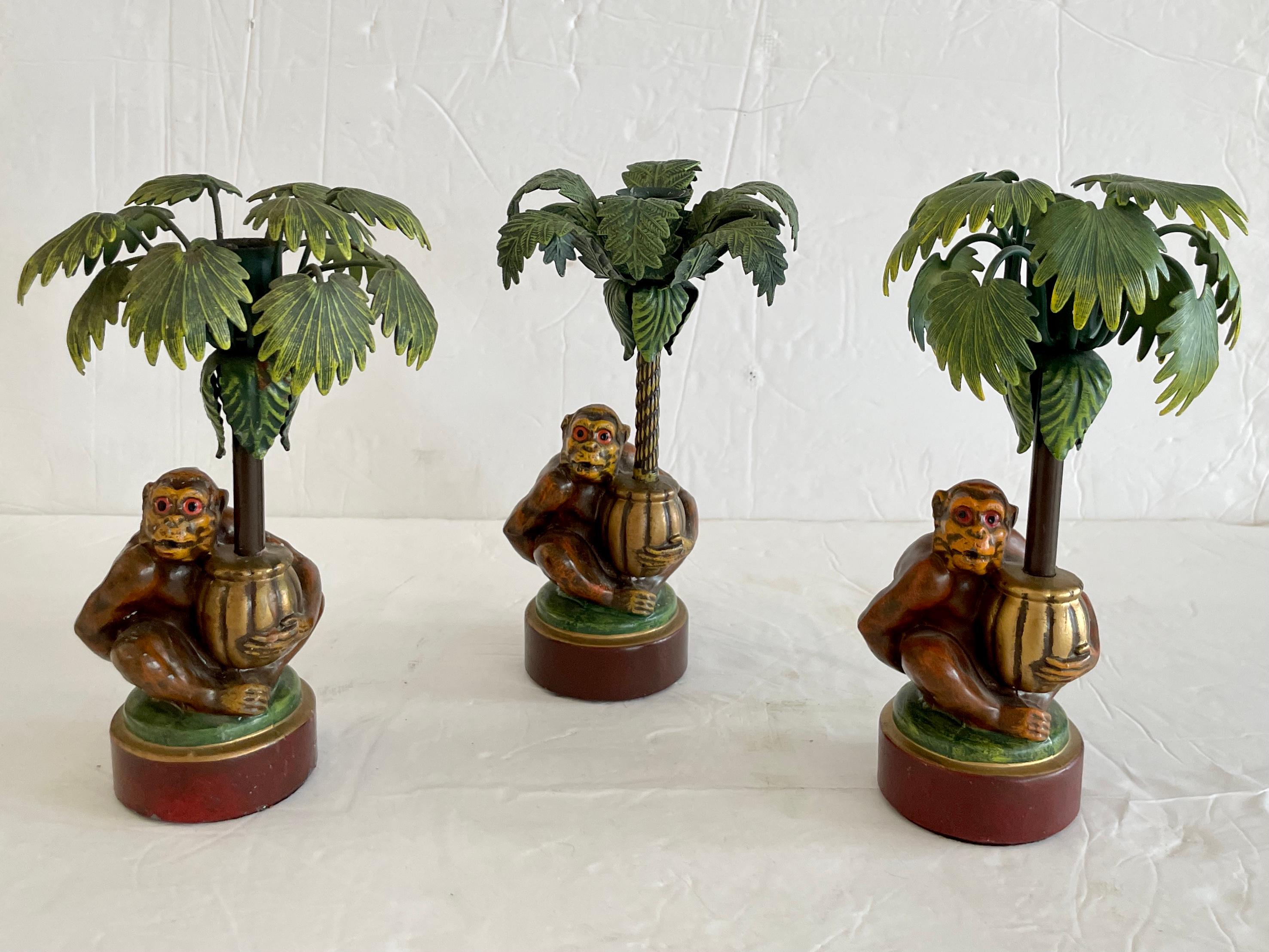 Fun set of 3 Boho Chic metal Tole monkeys candlestick holders. Great sculpting details.