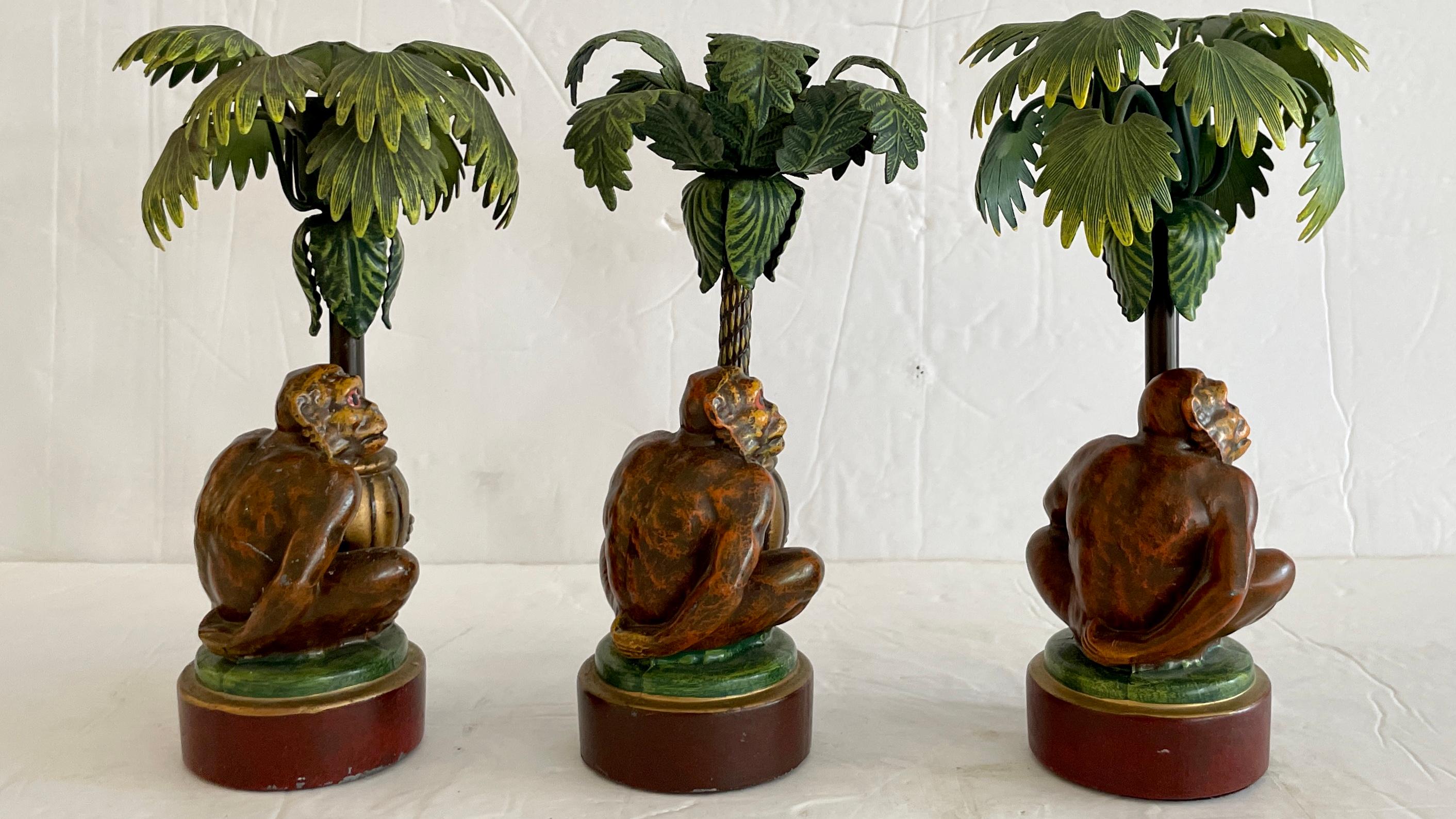 Monkeys Tole Metal Candlestick Holders - Set of 3 In Good Condition For Sale In Los Angeles, CA