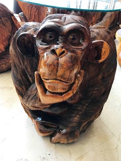 Monkeys Wood Teak Complete Set Six Chairs with Coffee Table, 1980