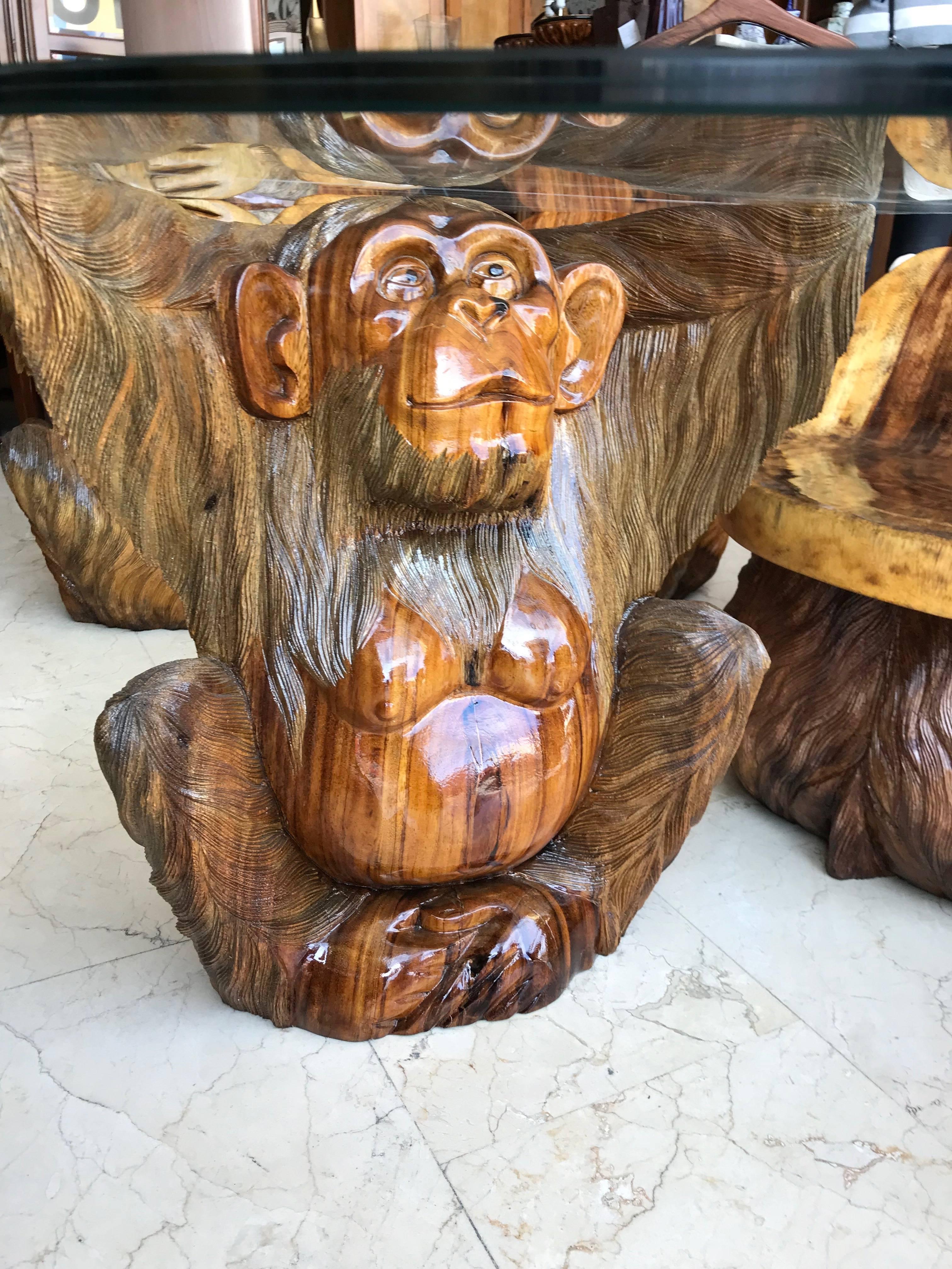 Indonesian Monkeys Wood Teak Complete Set Six Chairs with Coffee Table, 1980 For Sale