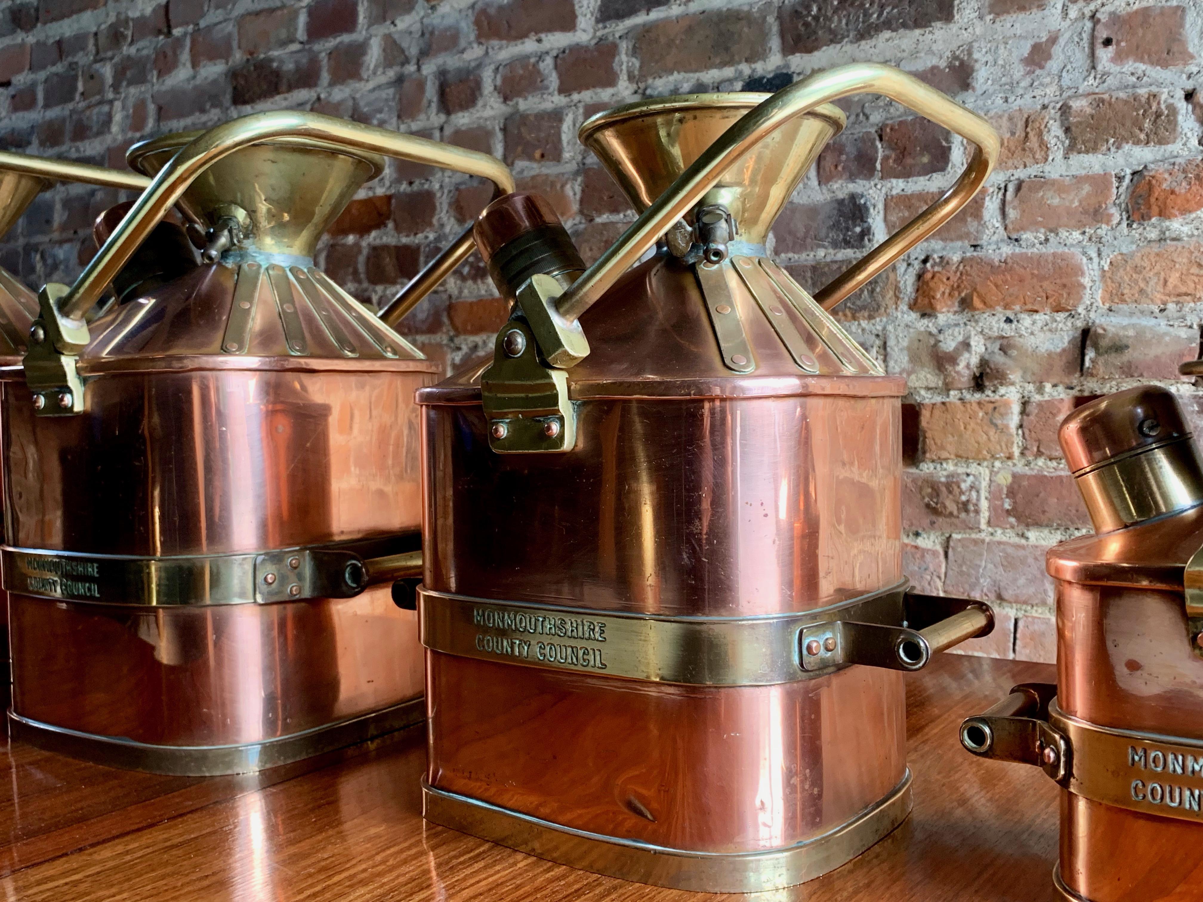 Art Deco Monmouthshire County Council Petrol Measuring Cans Set of 5 Copper & Brass, 1931