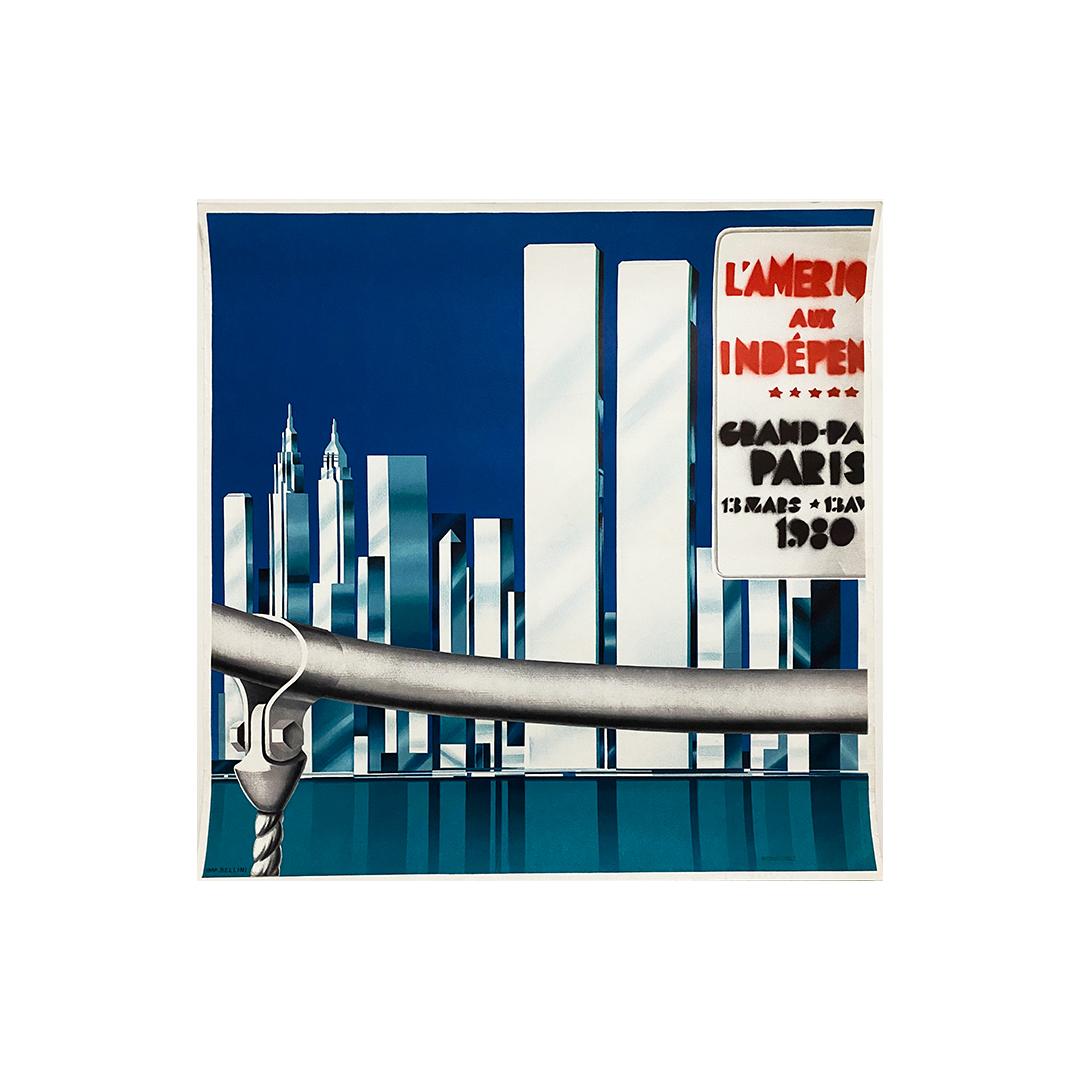 Original poster, with very nice colors, made by Monneret in 1980 to promote an exhibition on America to the independents and which took place at the Grand Palais.

On this poster we can see the World Trade Center which is a complex of business