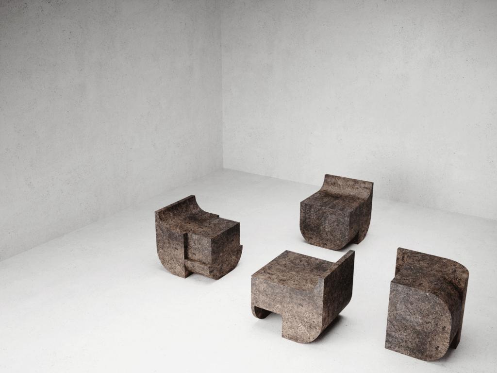 Mono block chair - Isac Elam Kaid.
Each chair is unique and hand-sculpted by Isac Elam Kaid.
Dimensions: 76 W x 61 D x 61 H cm.
Materials: Casting cement, epoxy resin, mixed-media.

Isac Elam Kaid is an artist and designer based in