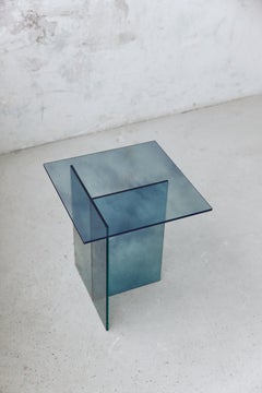 Mono Blue Glass Side Table, Modern Design, Clean Lines, Made to Order