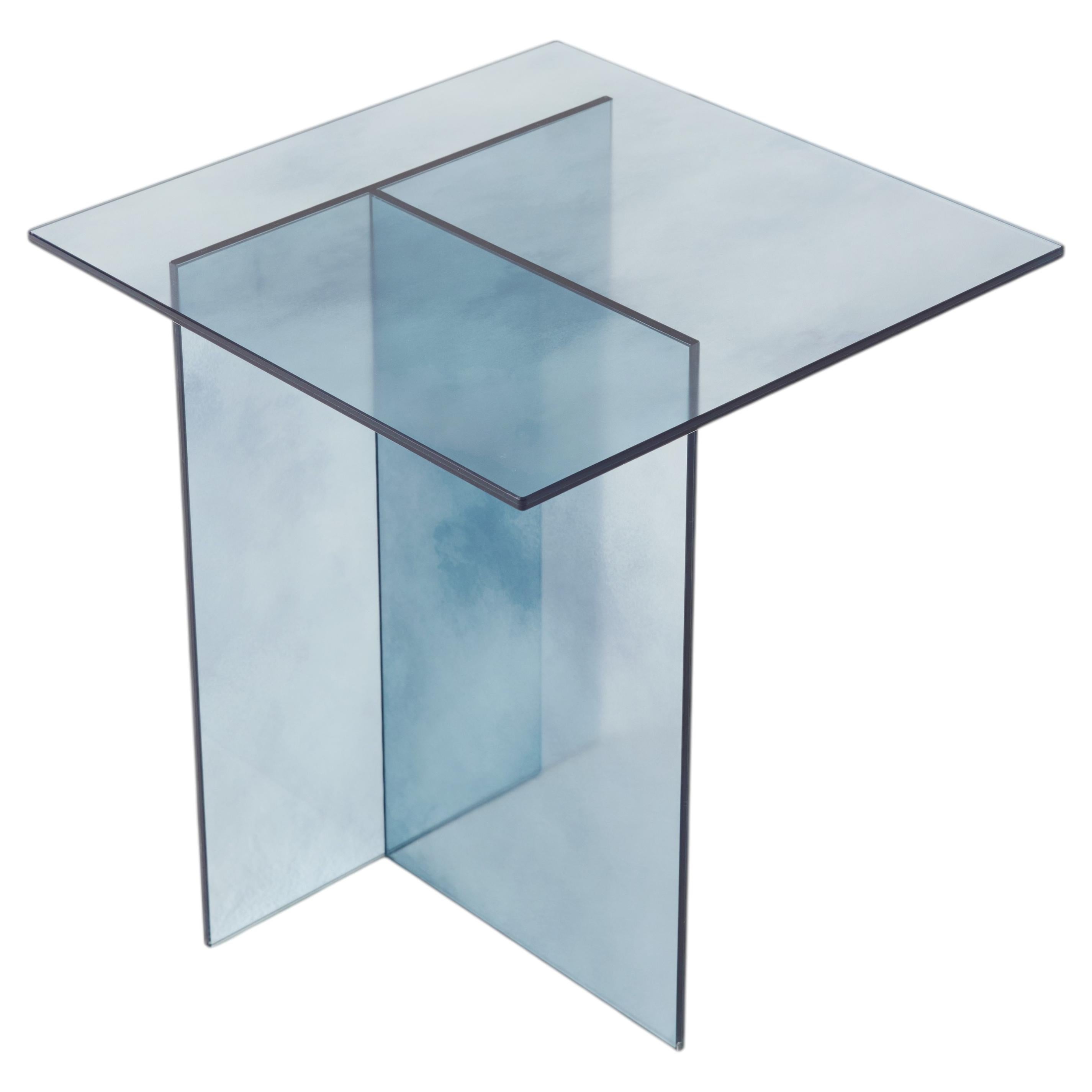 Mono Blue Glass Side Table, Modern Design, Clean Lines, Made to Order
