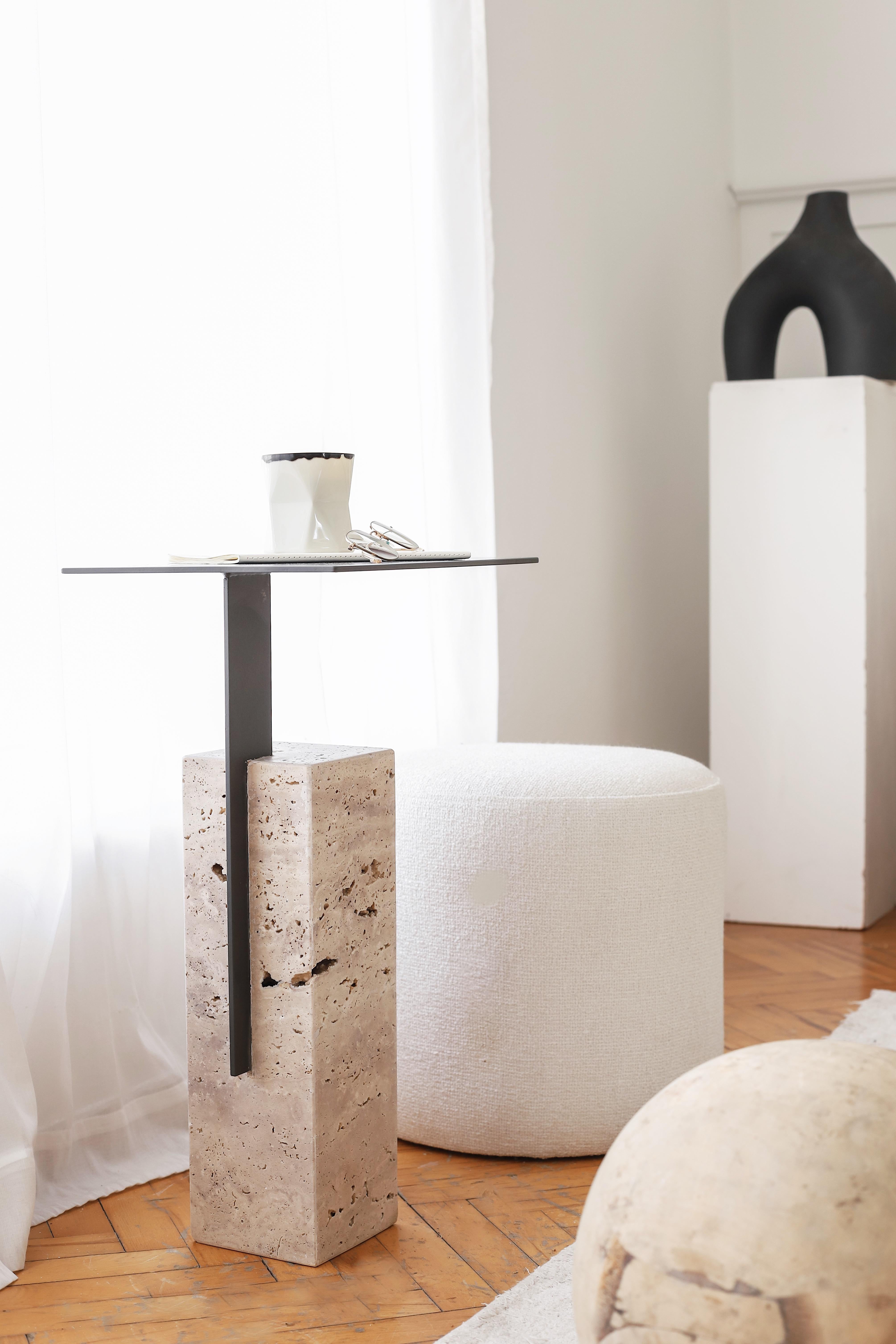Turkish Mono Side Table Combining Travertine and Metal Modern Look - Dark Grey For Sale