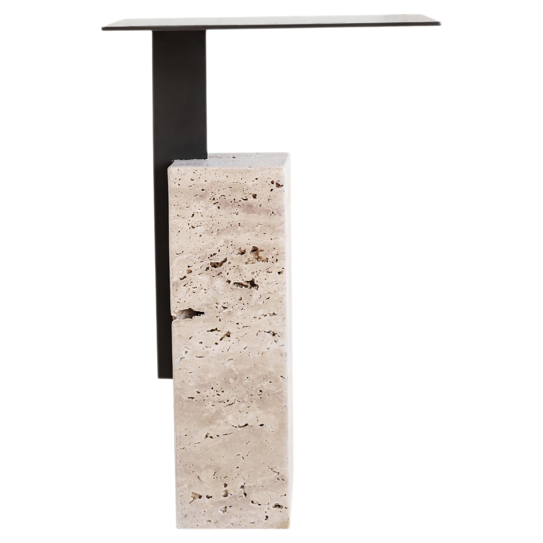 Mono Side Table Combining Travertine and Metal Modern Look - Dark Grey For Sale