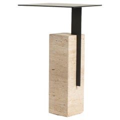 Mono Side Table Combining Travertine and Metal Modern Look, Dark Grey