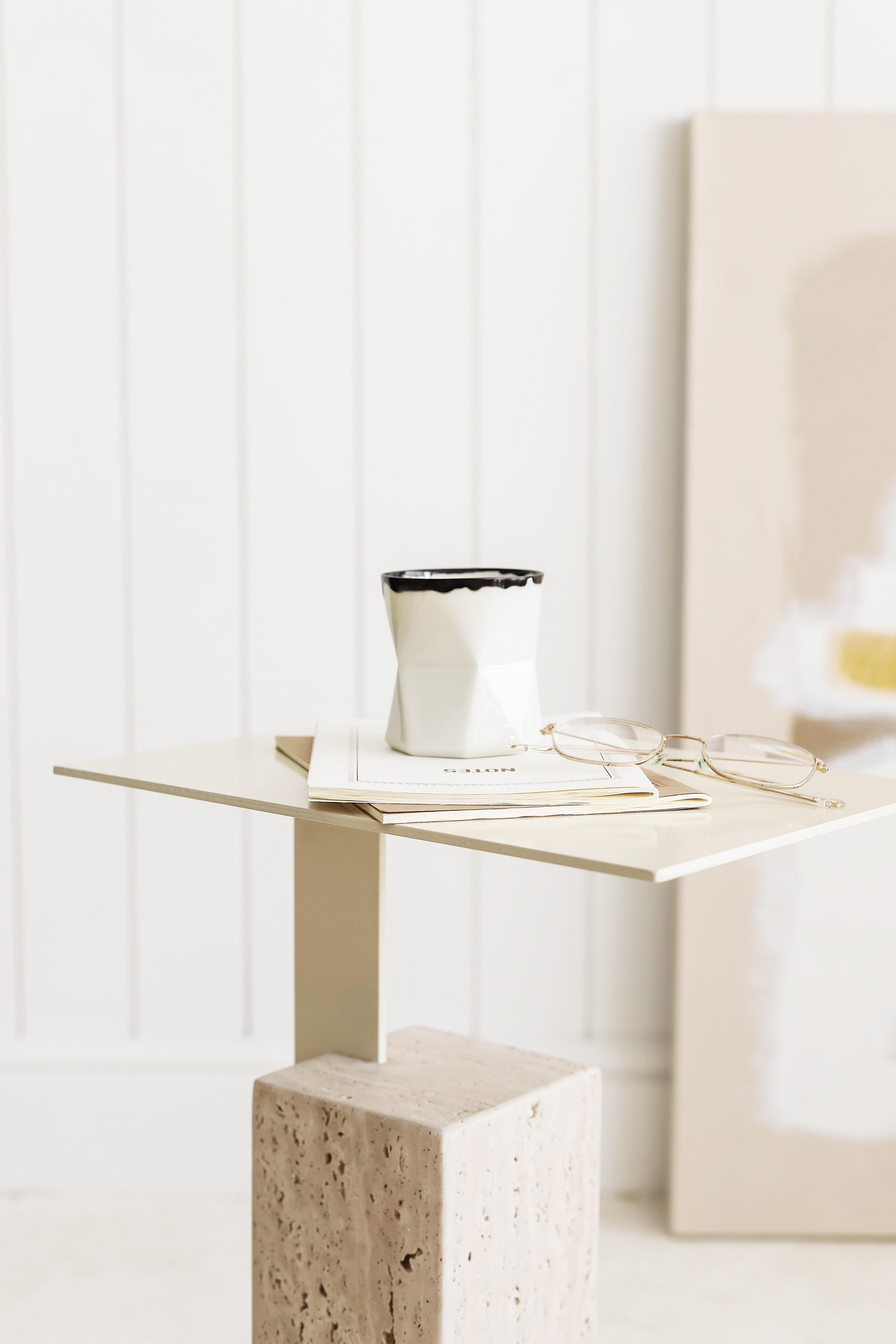 Turkish Mono Side Table Combining Travertine and Metal Modern Look, Off White For Sale