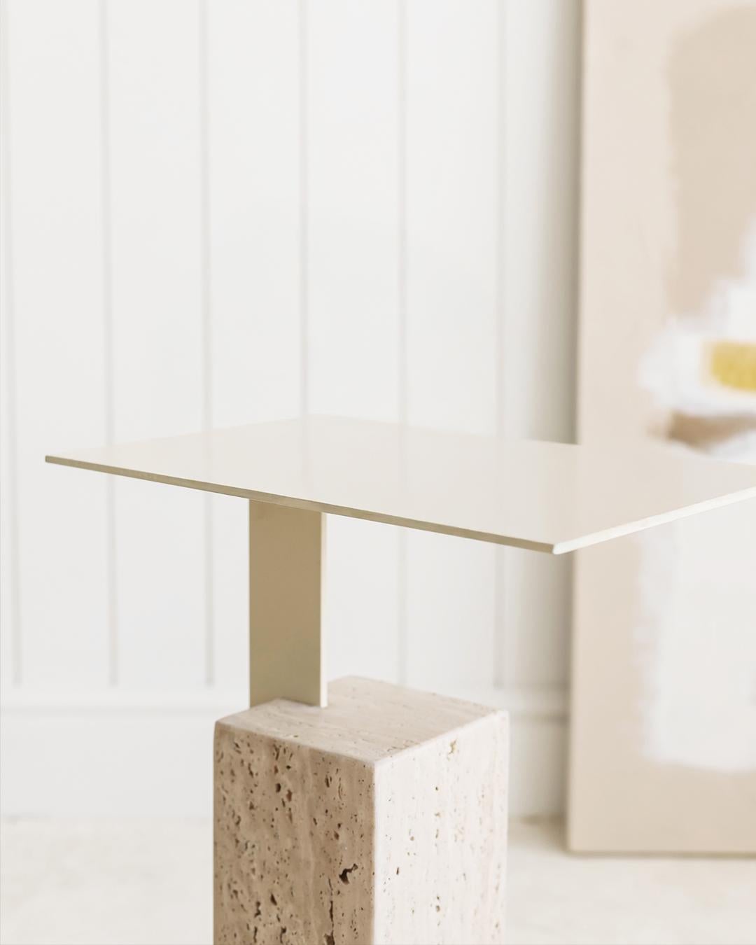 Turkish Mono Side Table Combining Travertine and Metal Modern Look, Off White For Sale