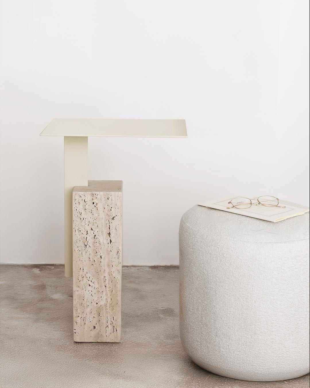 Dyed Mono Side Table Combining Travertine and Metal Modern Look, Off White For Sale