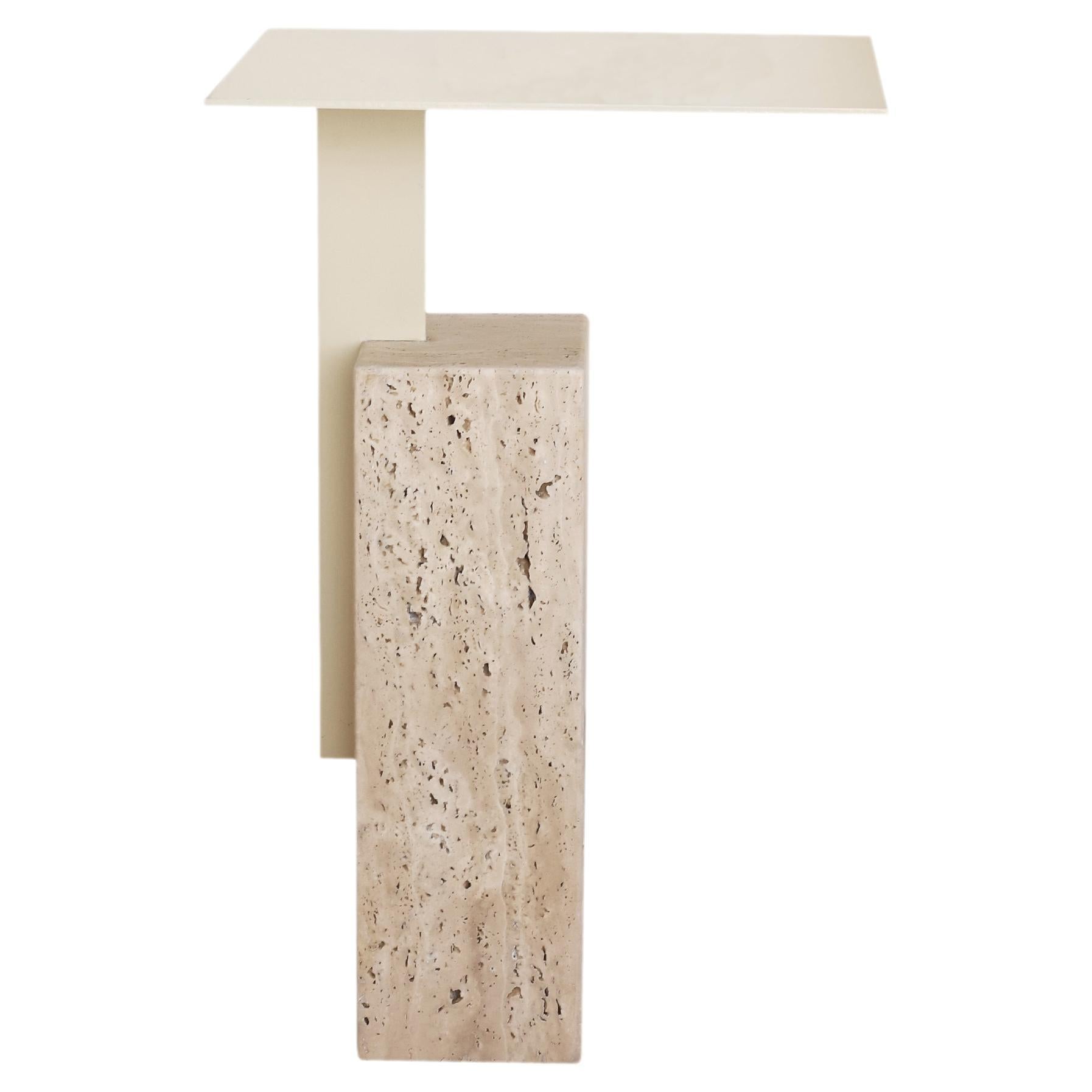 Mono Side Table Combining Travertine and Metal Modern Look, Off White For Sale