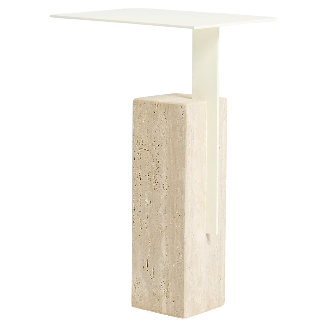 Mono Side Table Combining Travertine and Metal Modern Look, Off White