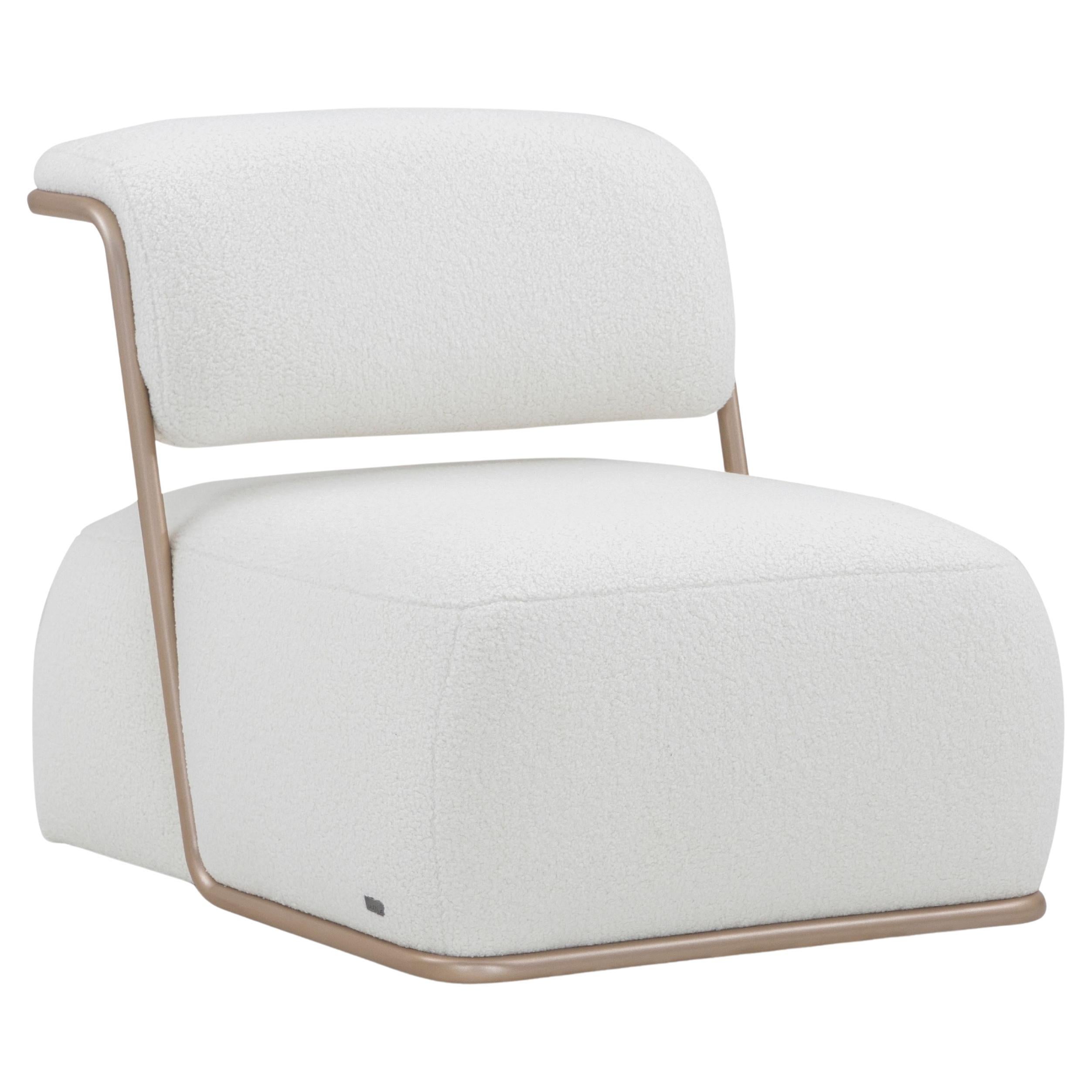 White Faux Sheepskin Slipper Chair with Gold Metal and Low Profile - Mono Line