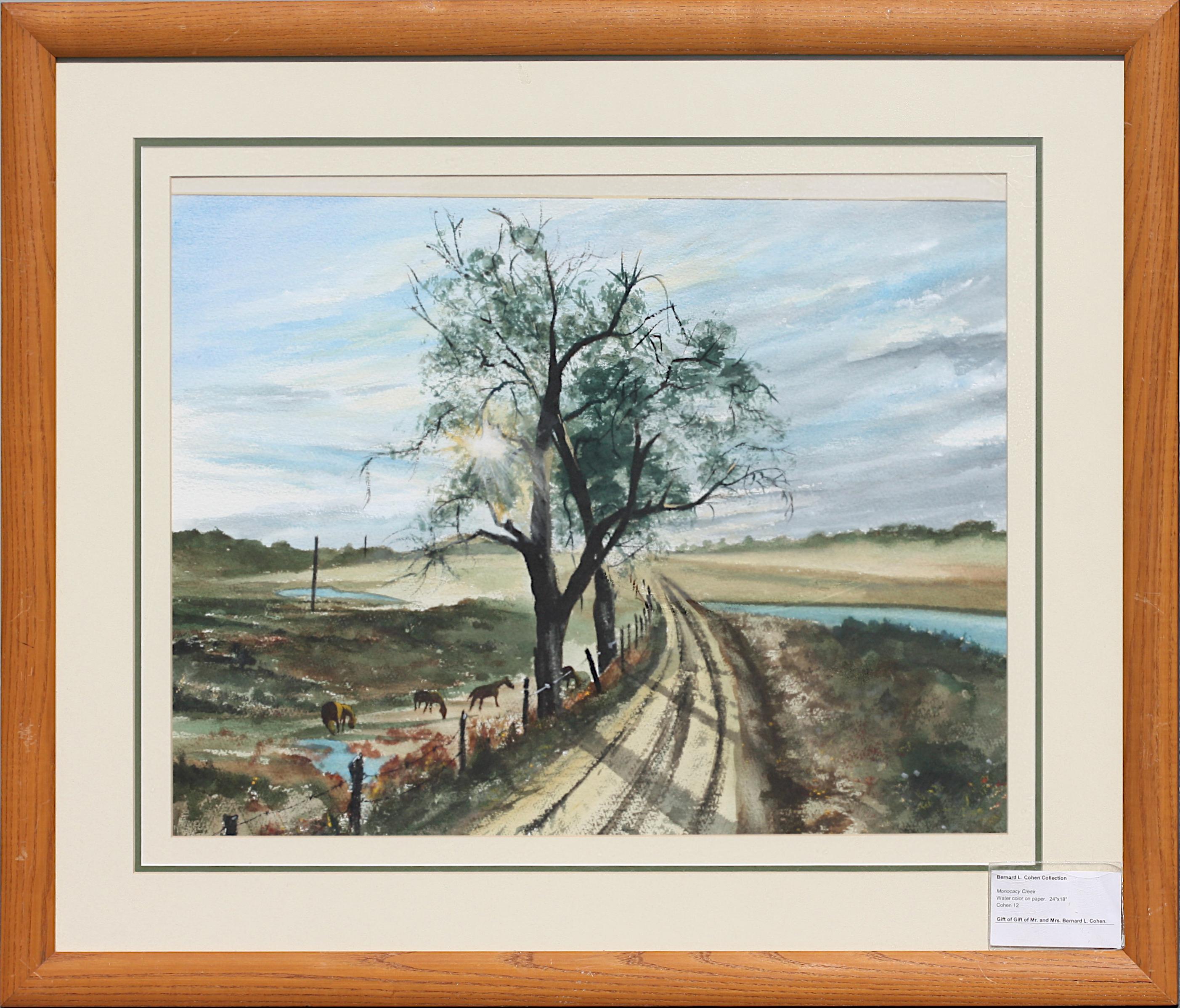 
Monocacy Creek, Pensilvania, Acuarela
Bernard L Cohen, (estadounidense, siglo XX), Monocacy Creek, acuarela sobre papel, probablemente firmada debajo del paspartú
18 por 24 pulg., en total, 26,5 por 31,5 pulg.
Procedencia: Antigua propiedad de la