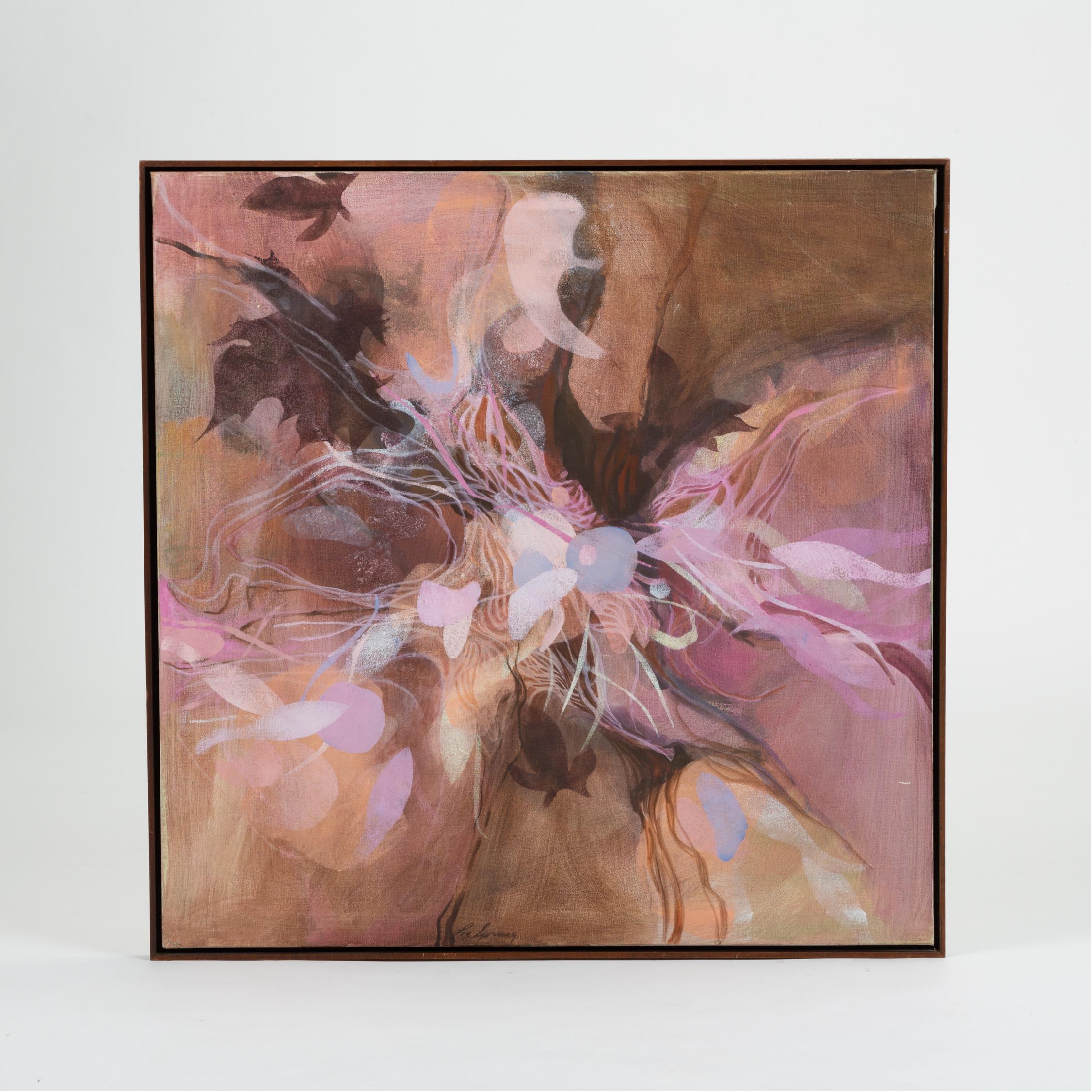A framed oil painting on square canvas with an abstract pattern reminiscent of flowers. Fetchingly monochromatic, the image features wavy, petal-shaped constructions in a color palette of mauves and lilacs. The canvas appears to float in a slightly