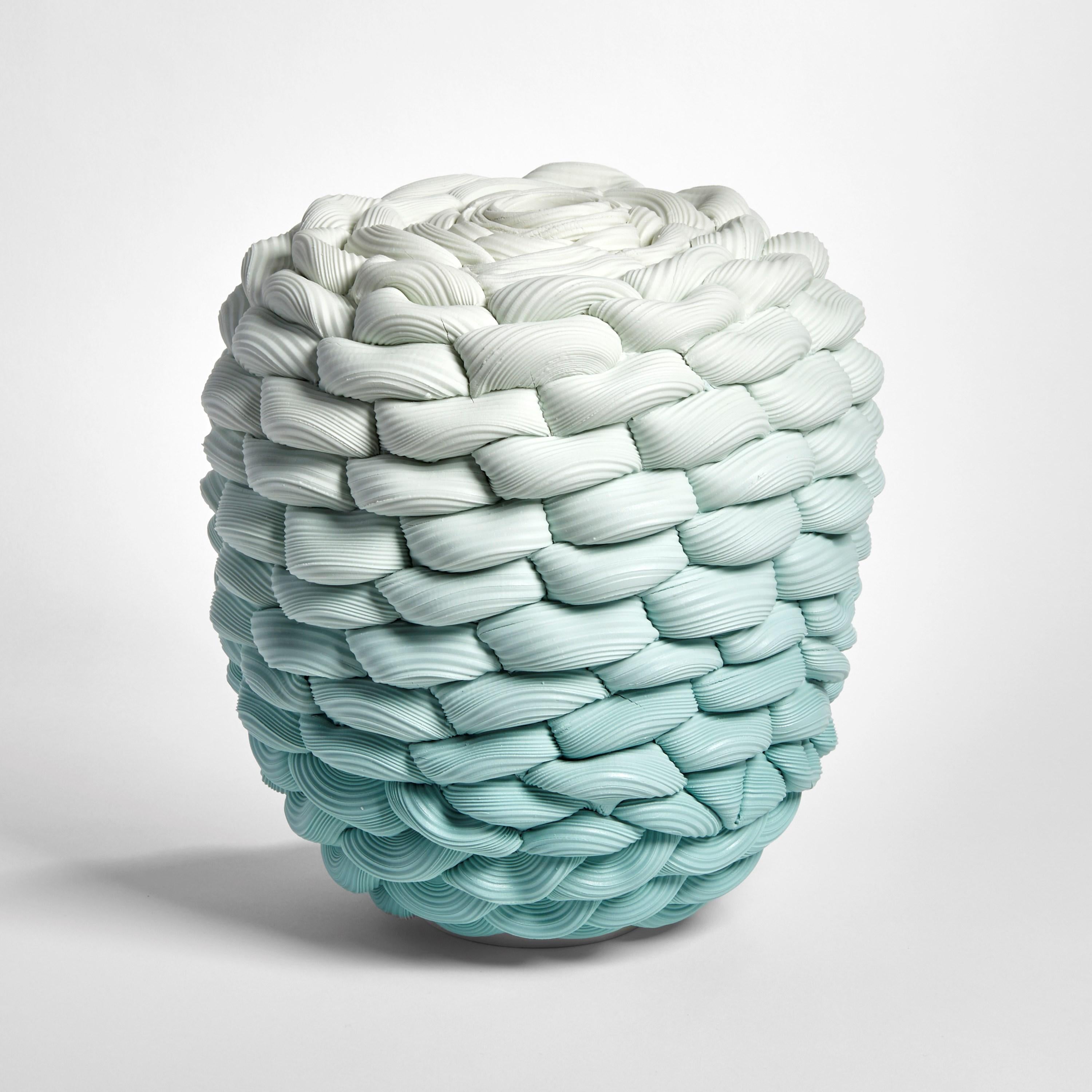 Hand-Crafted Monochromatic Fold III, Teal & White Parian Porcelain Vessel by Steven Edwards
