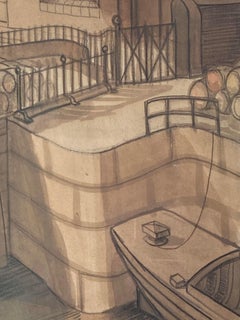 Monochromatische gemischte Medienarbeit, die eine Schiffspier-Szene darstellt