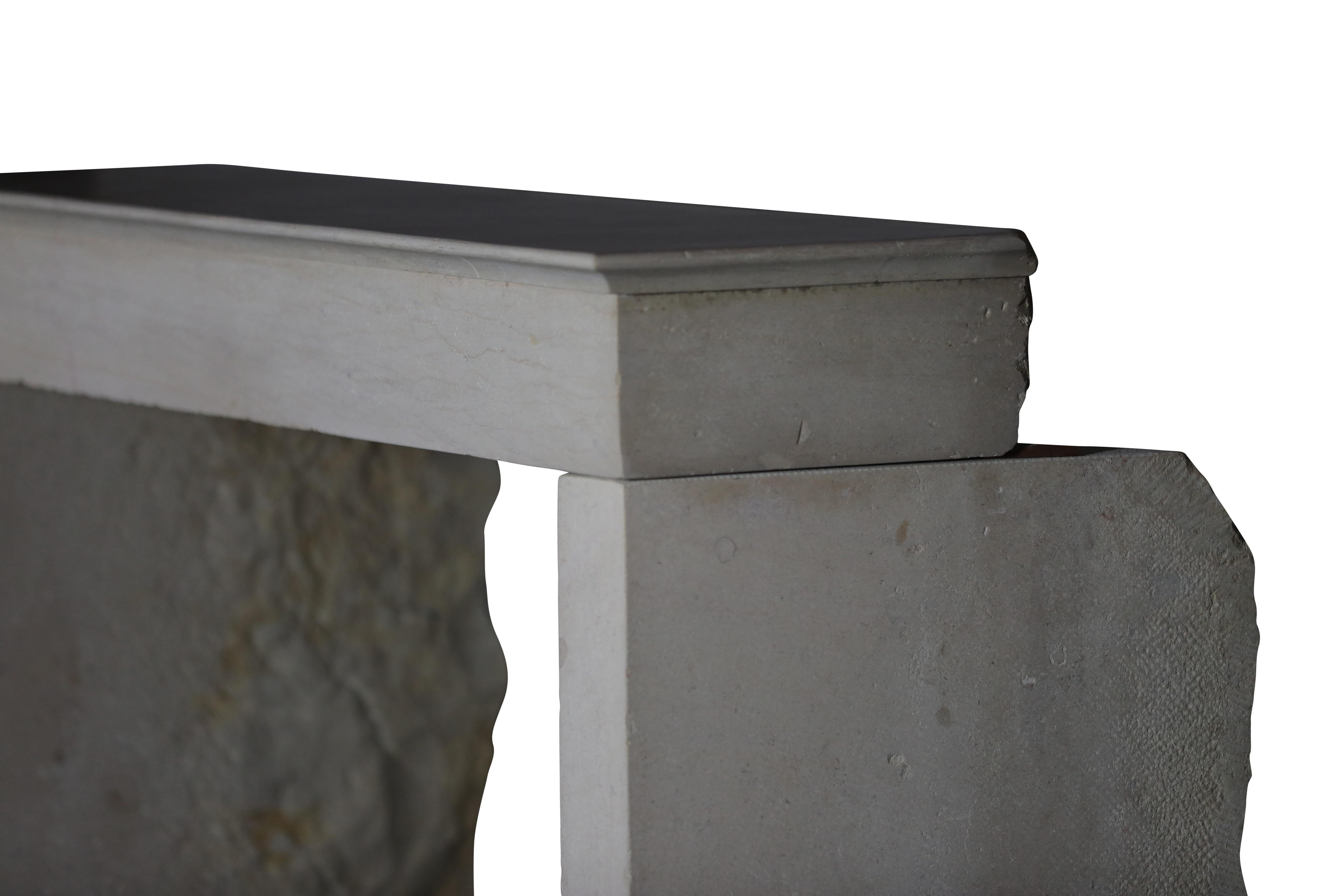 Monochrome Beige Limestone Fireplace Surround With Straight Minimal Design For Sale 4