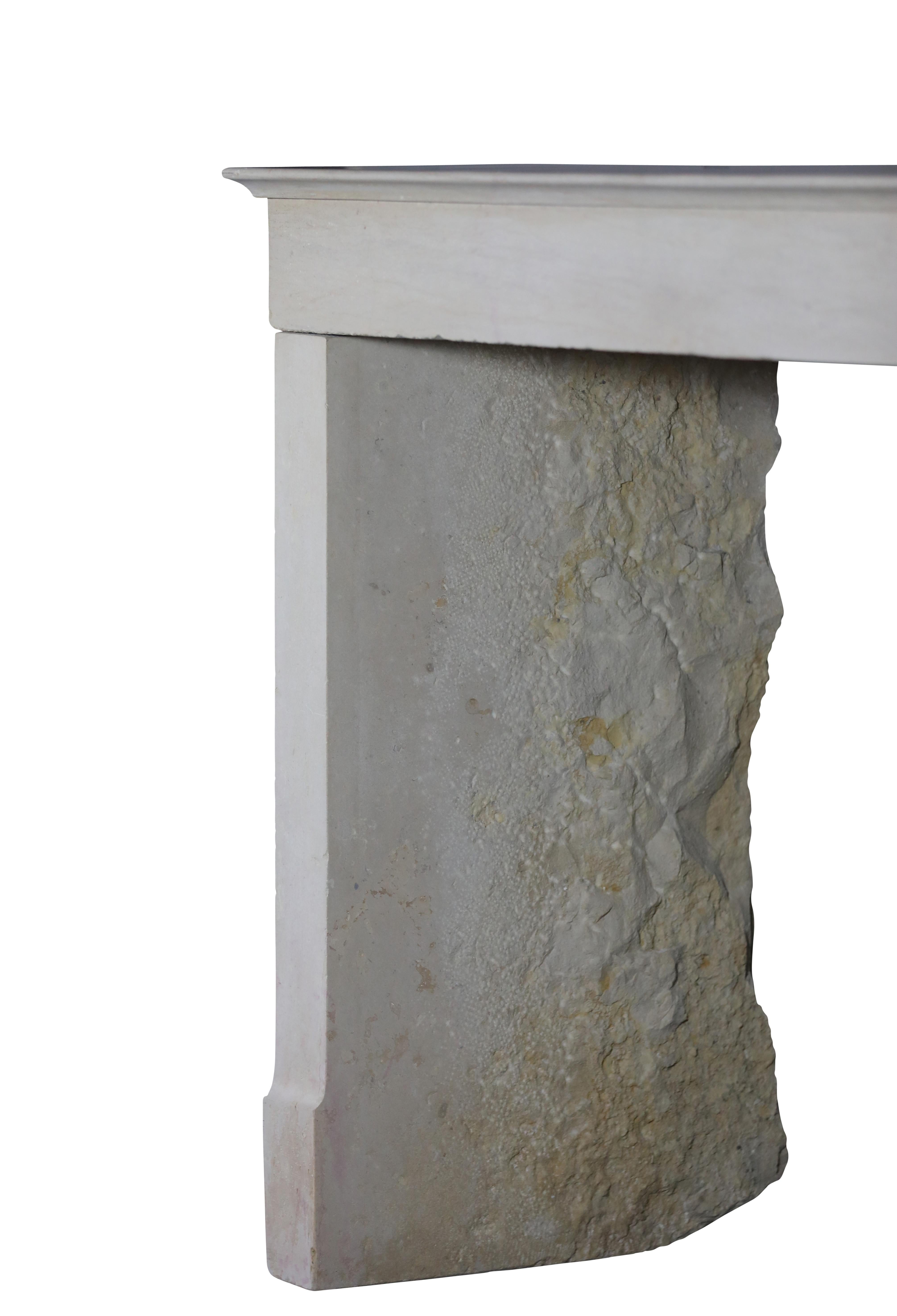 Monochrome Beige Limestone Fireplace Surround With Straight Minimal Design For Sale 6