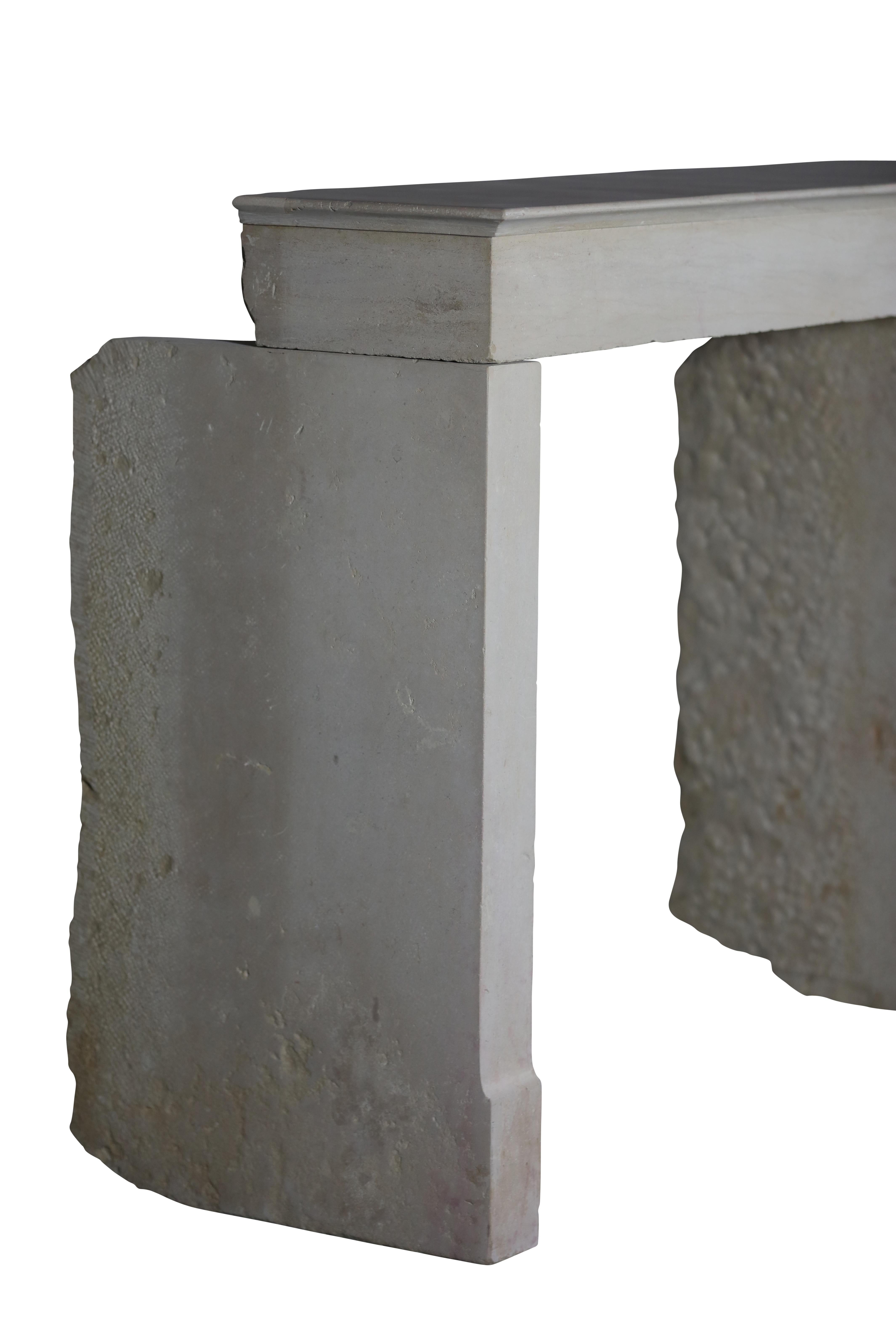 Monochrome Beige Limestone Fireplace Surround With Straight Minimal Design For Sale 9