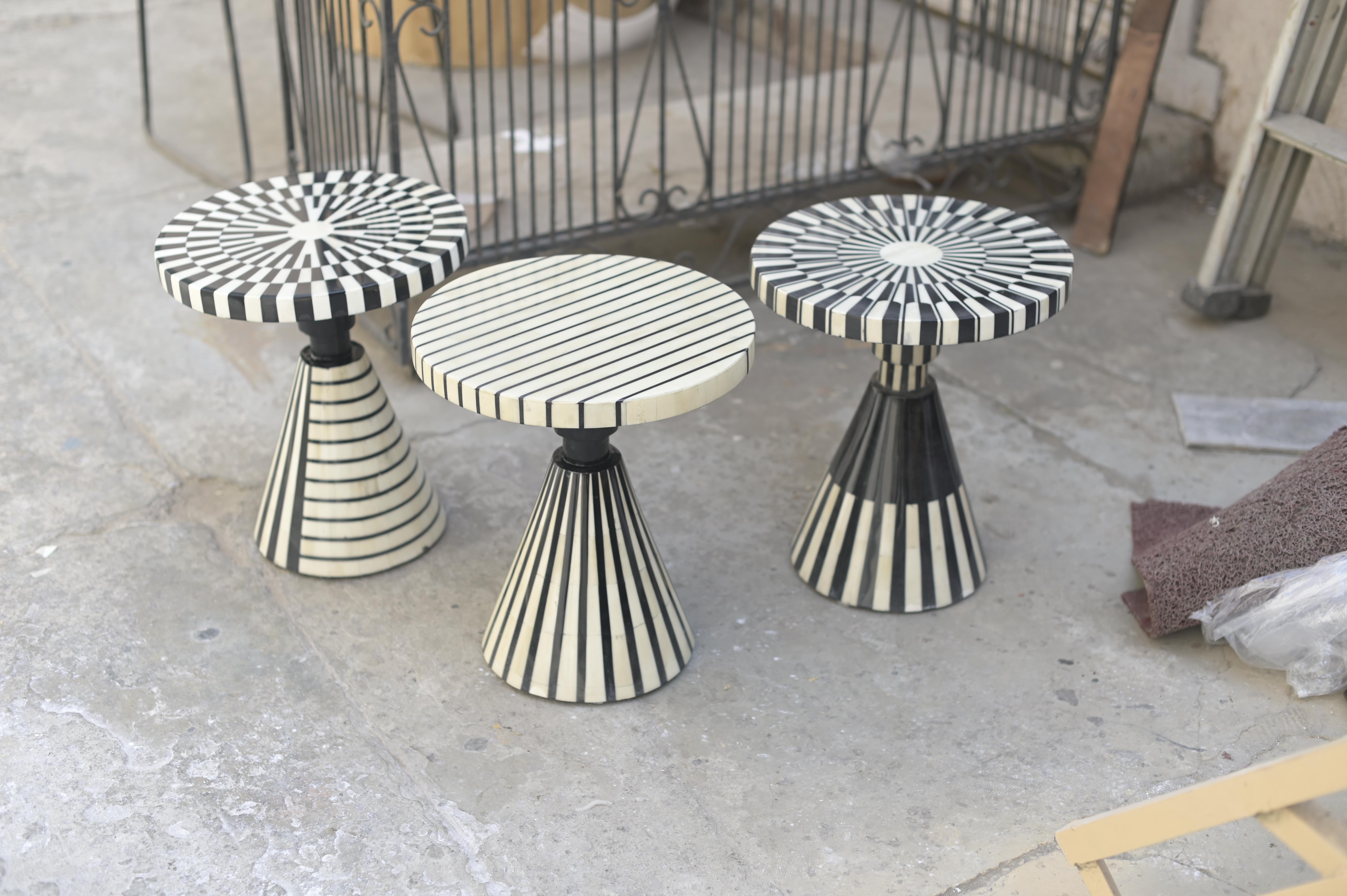 Art Nouveau Monochrome Black and White Dining Table with Matching Stools, 4 Piece Set For Sale