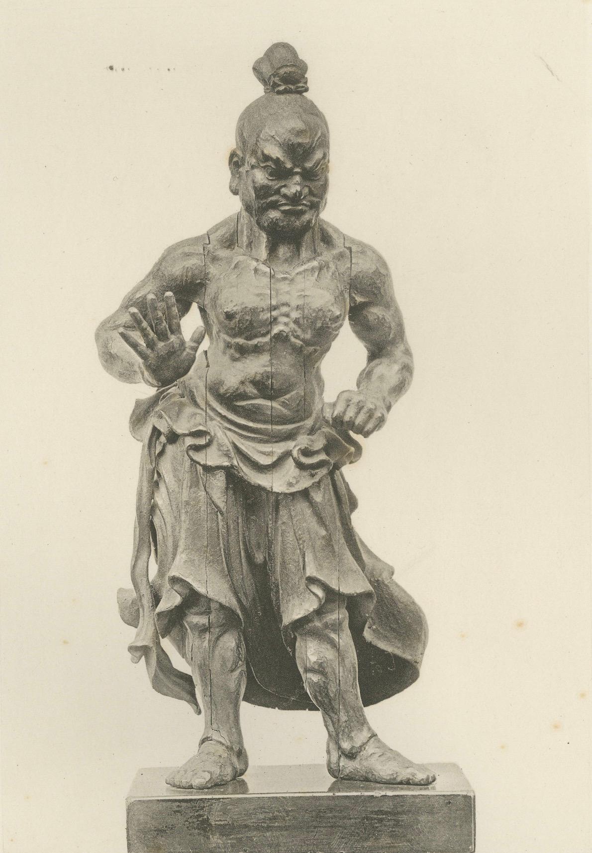 Litografía monocroma de imponentes estatuas de deidades guardianas tradicionales japonesas Fines del siglo XIX en venta
