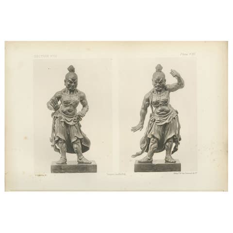 Monochrome Litho of Imposing Statues of Traditional Japanese Guardian Deities