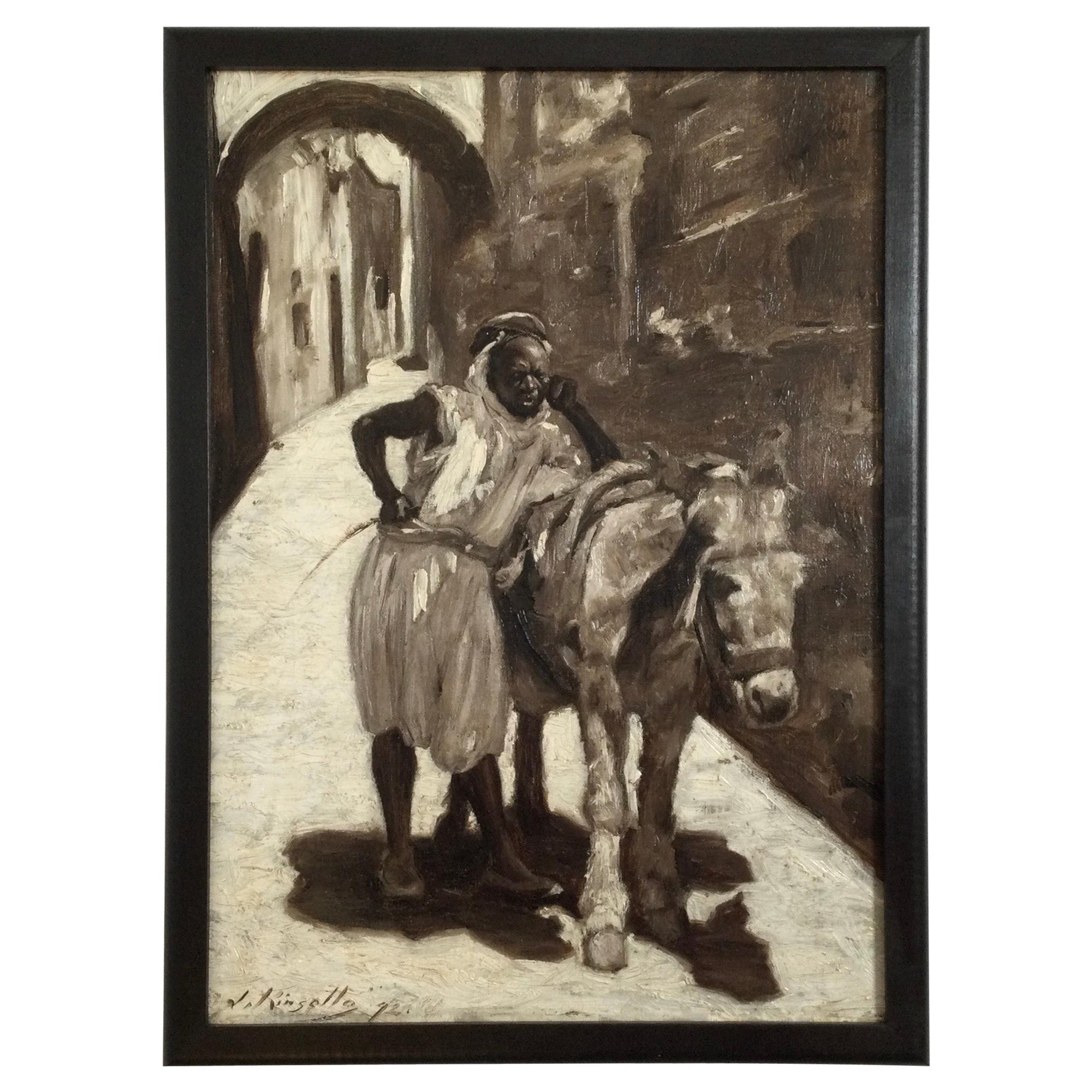 Pittura ad olio orientalista monocromatica intitolata High Noon firmata James Kinsella