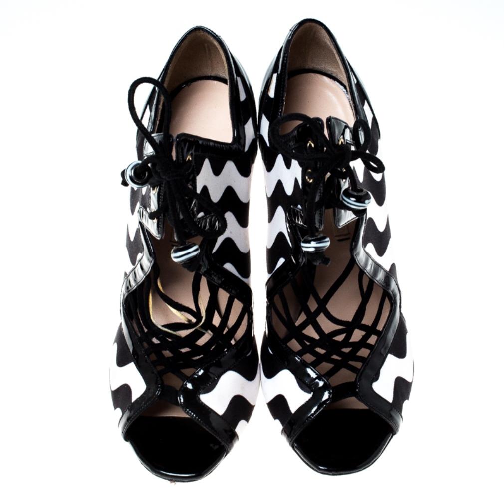 Black Monochrome Satin And Patent Leather Cut Out Strappy Sandals Size 37
